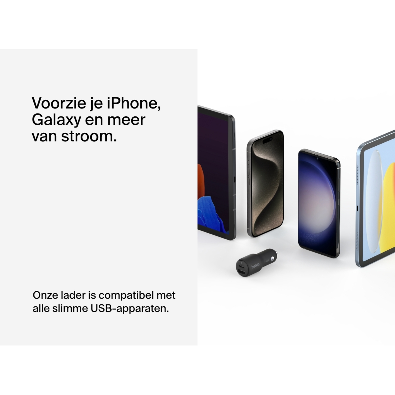 Een promotieafbeelding met telefoons en een autolader: zwart en drie andere smartphones.