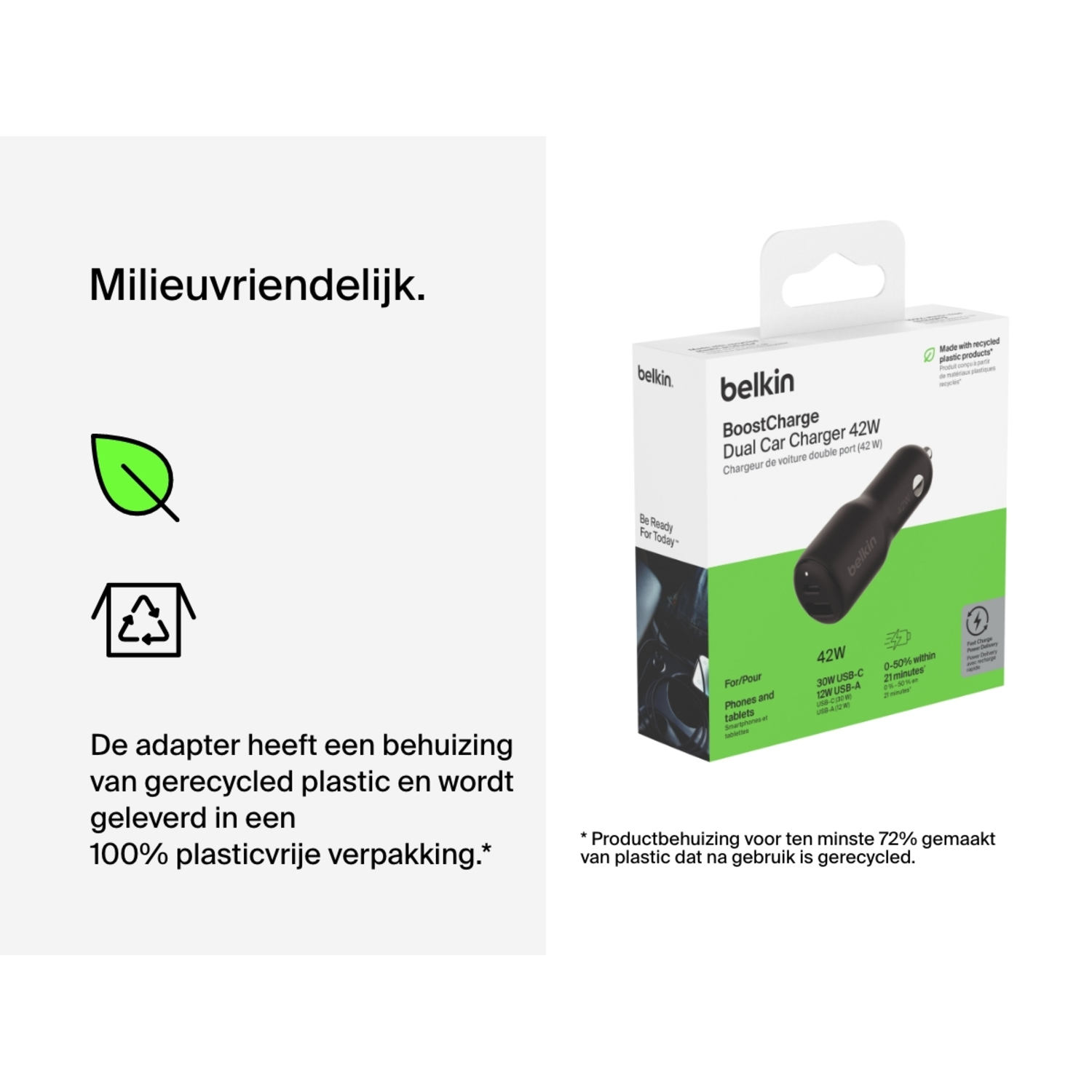 Een zwart-witte doos met een oplader erin en tekst over gerecyclede plastic verpakkingen.