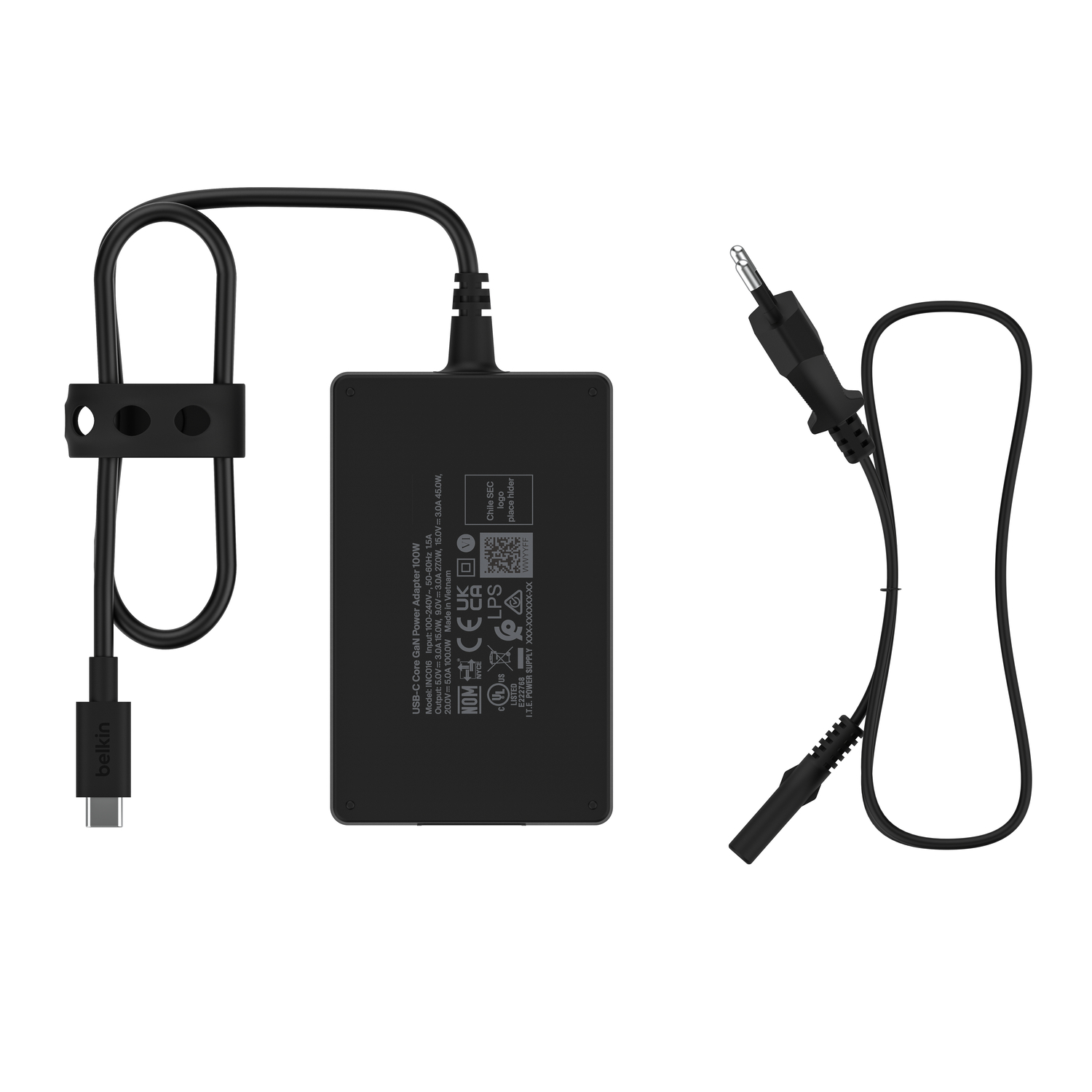 Adaptateur secteur Belkin noir avec deux câbles. Un pour USB-C et un pour la prise.