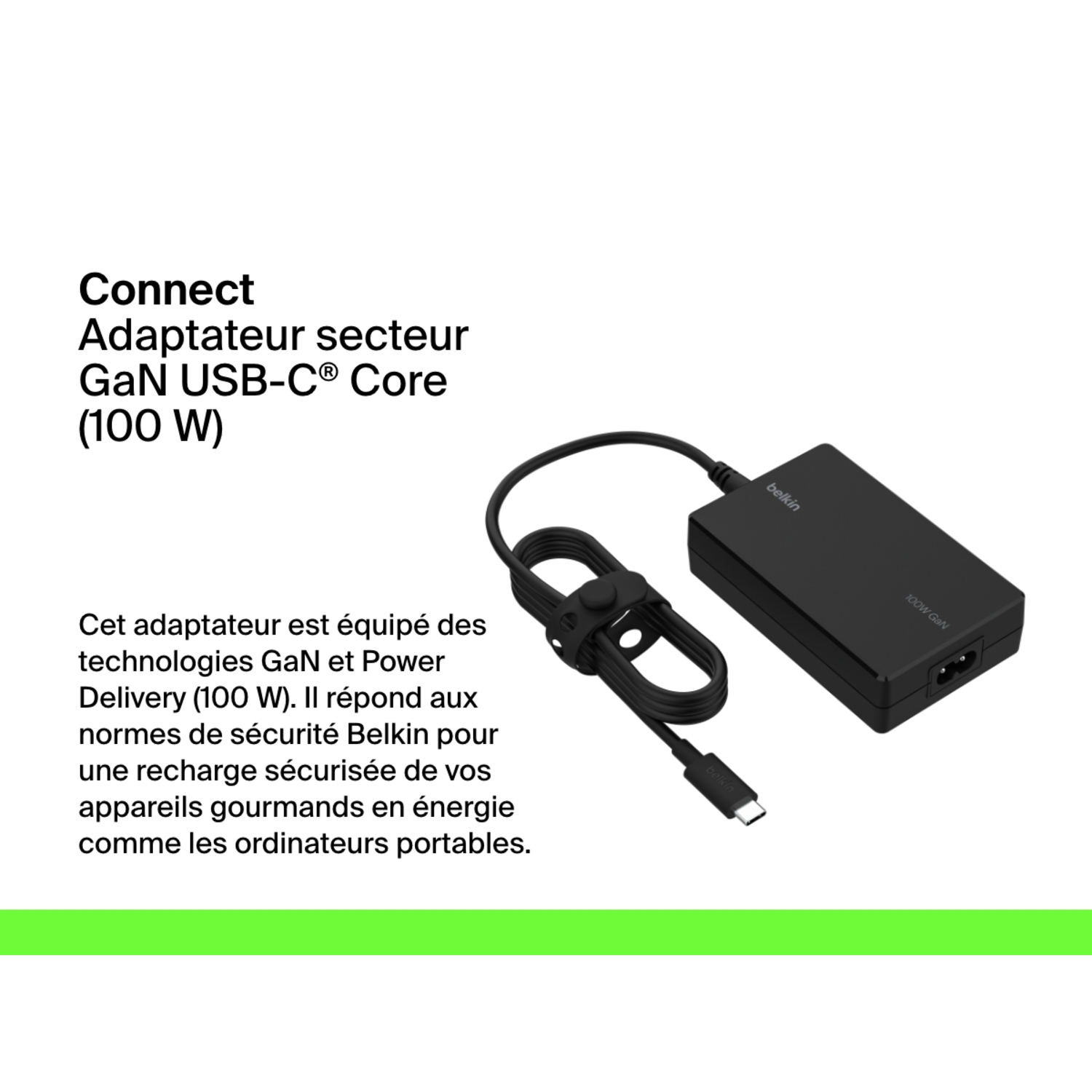 Adaptateur Belkin GaN USB-C noir avec câble et description textuelle.