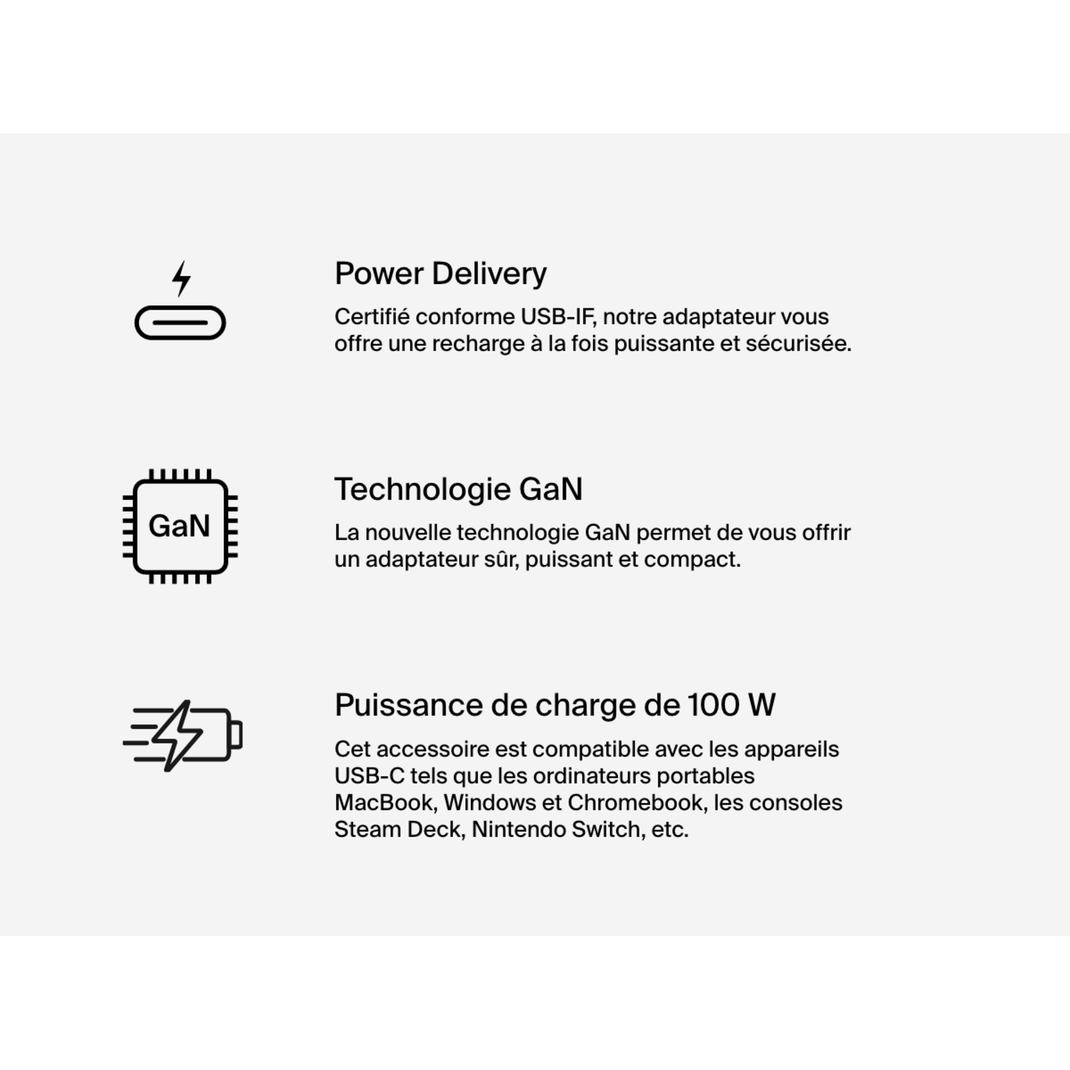 Infographie : Power Delivery, technologie GaN, charge 100W. Texte en français.