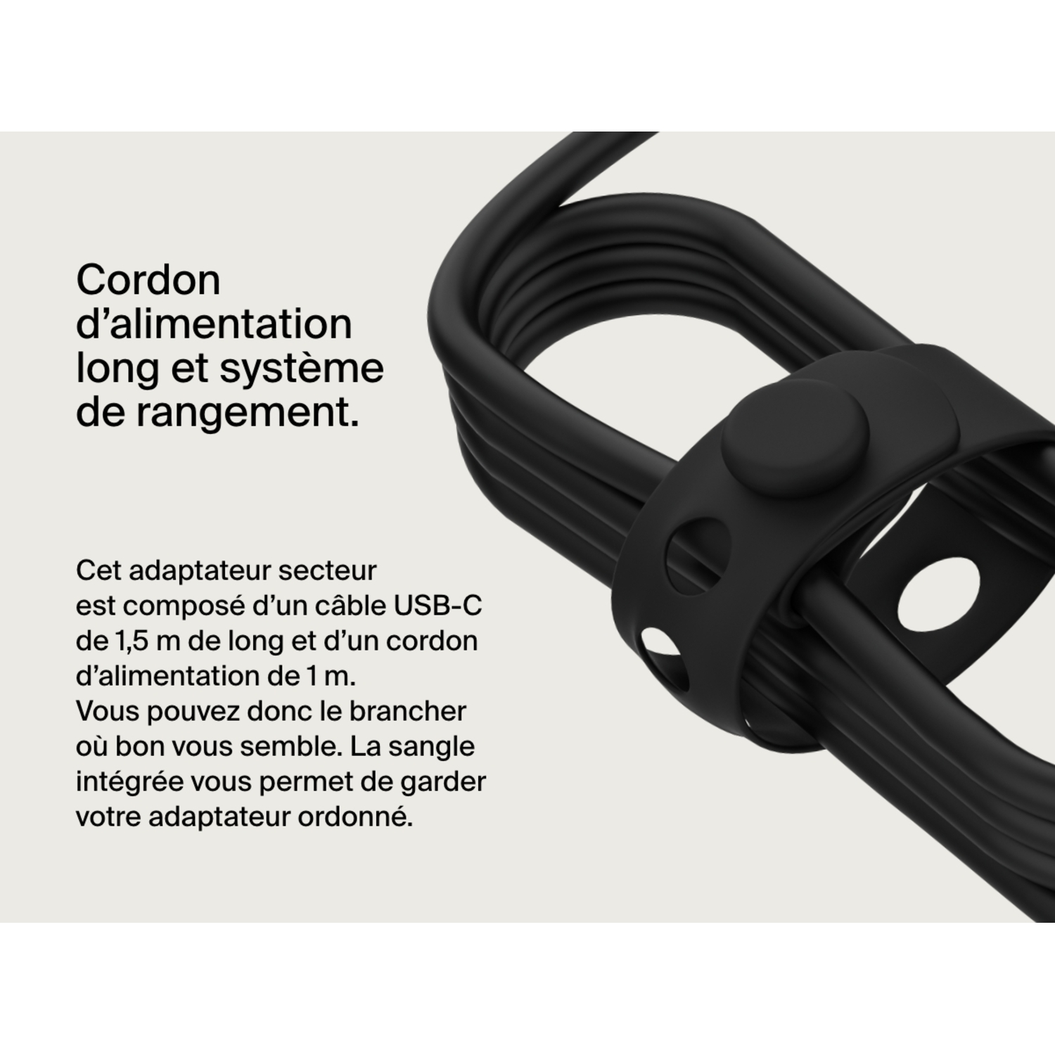 Adaptateur secteur USB-C noir avec câble, texte en français décrit les fonctions.