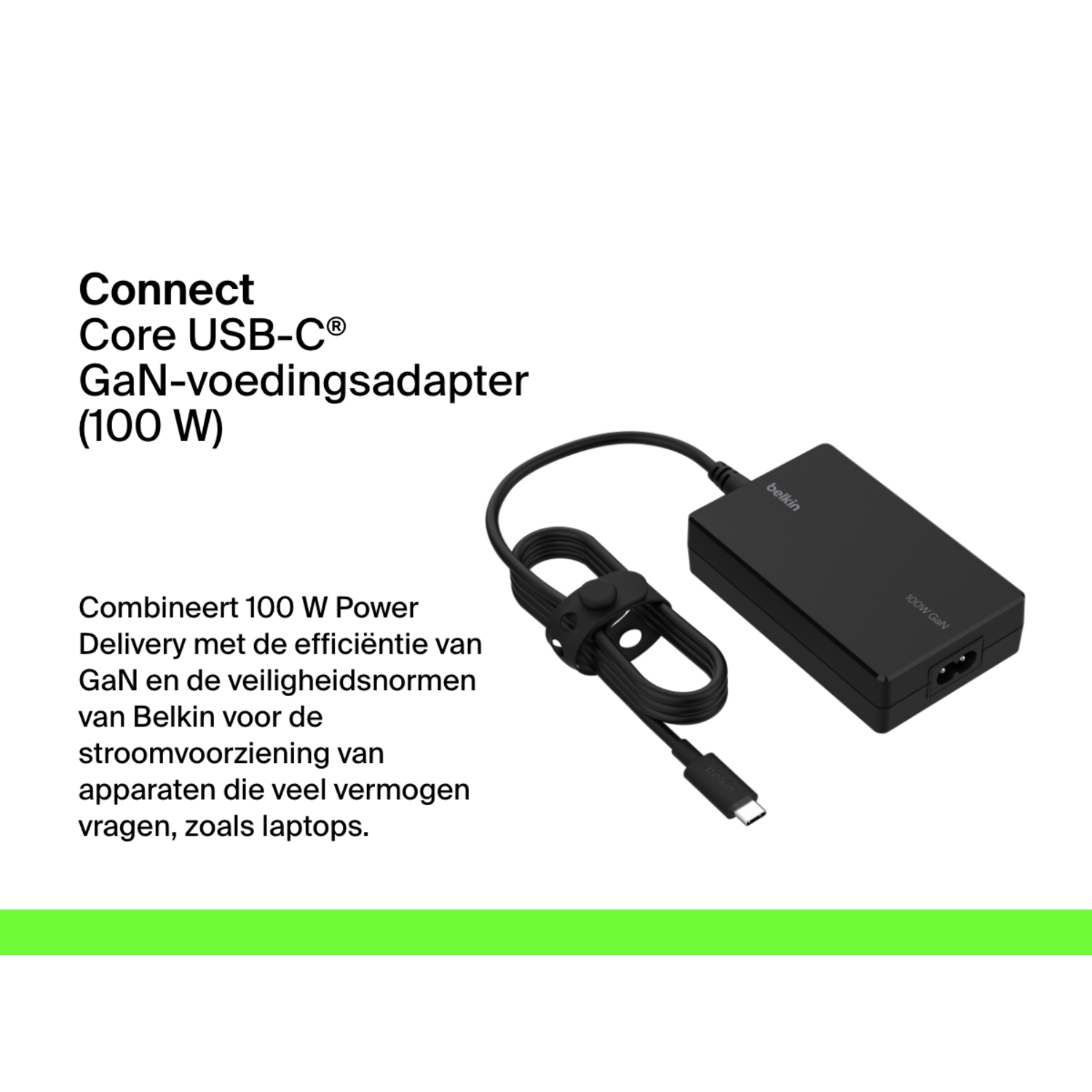 Zwarte Belkin-lader met kabel, tekstbeschrijving. Witte achtergrond.