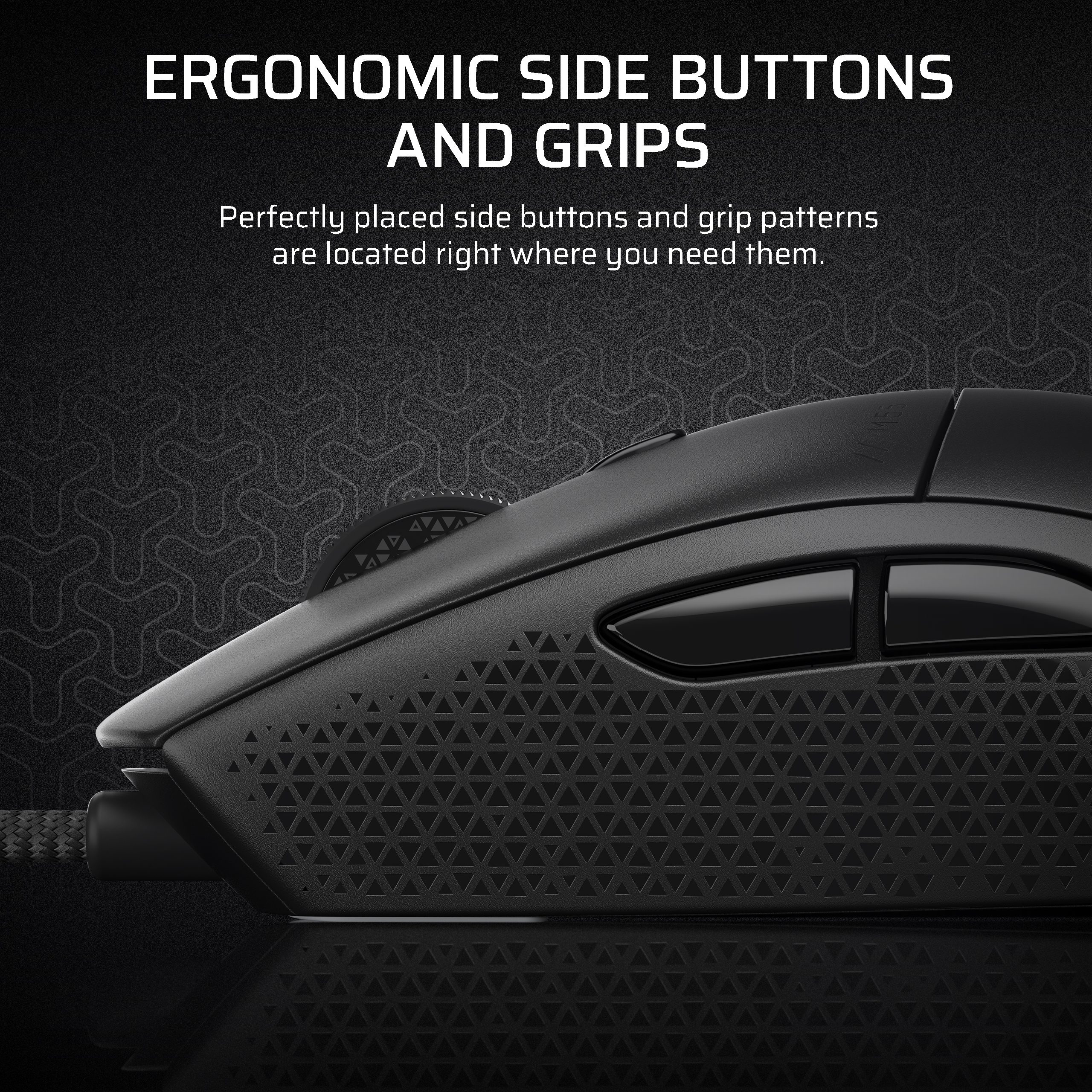Schwarze Gaming-Maus mit ergonomischen Seitentasten und Griffmustern.