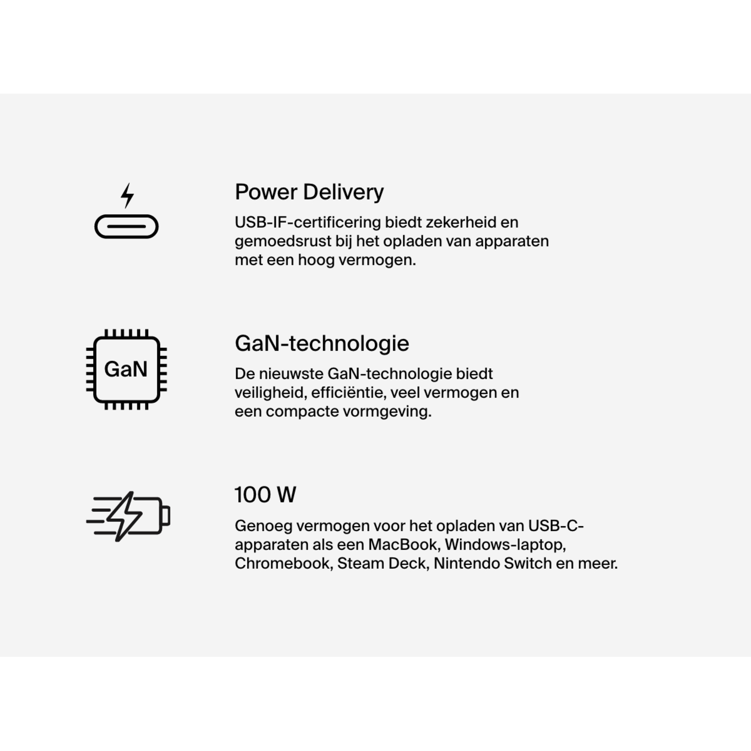 Drie pictogrammen met tekst: Power Delivery, GaN-technologie en 100 W. Tekst beschrijft functies.