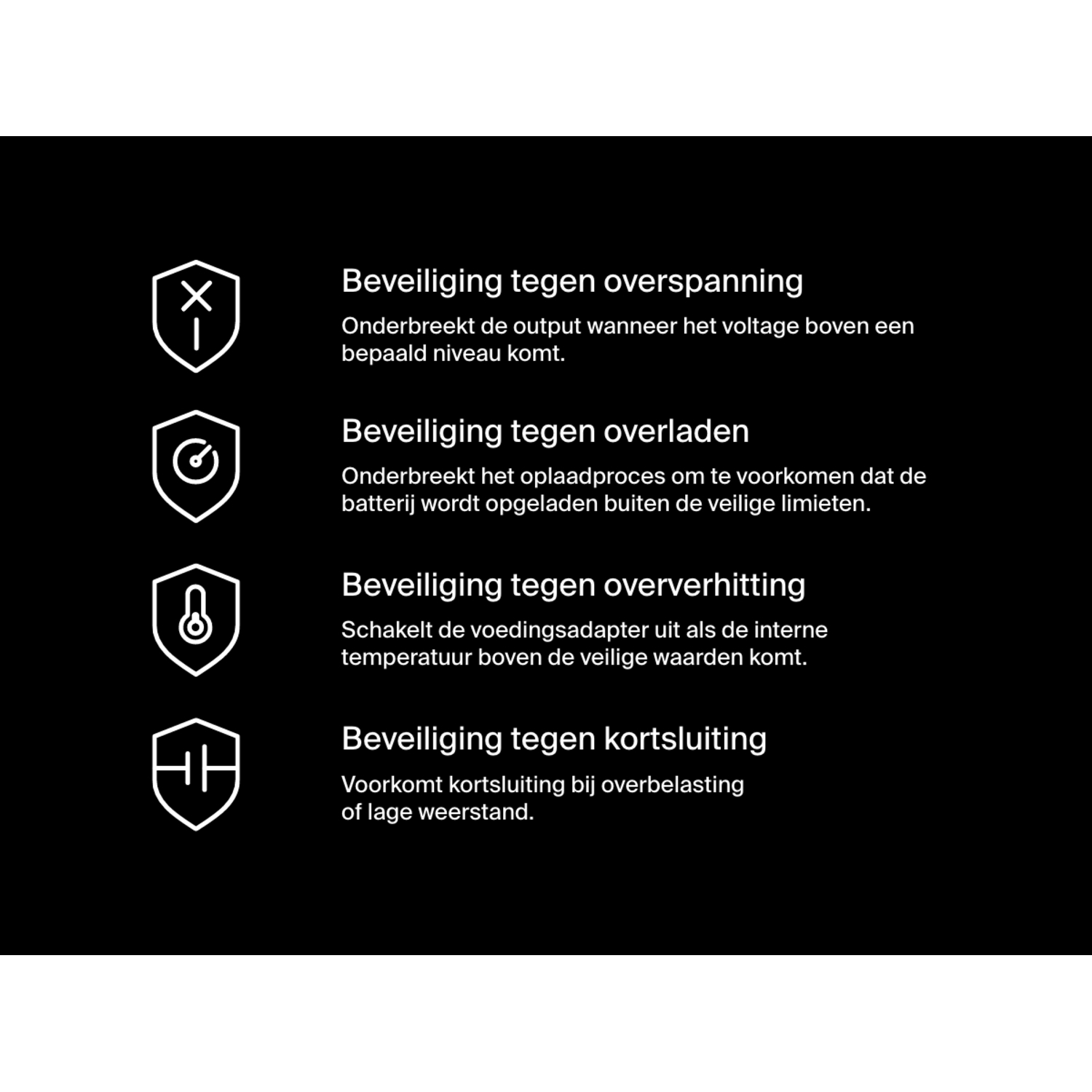 Zwart-witte pictogrammen met tekst die de veiligheidsfuncties voor een apparaat uitleggen.