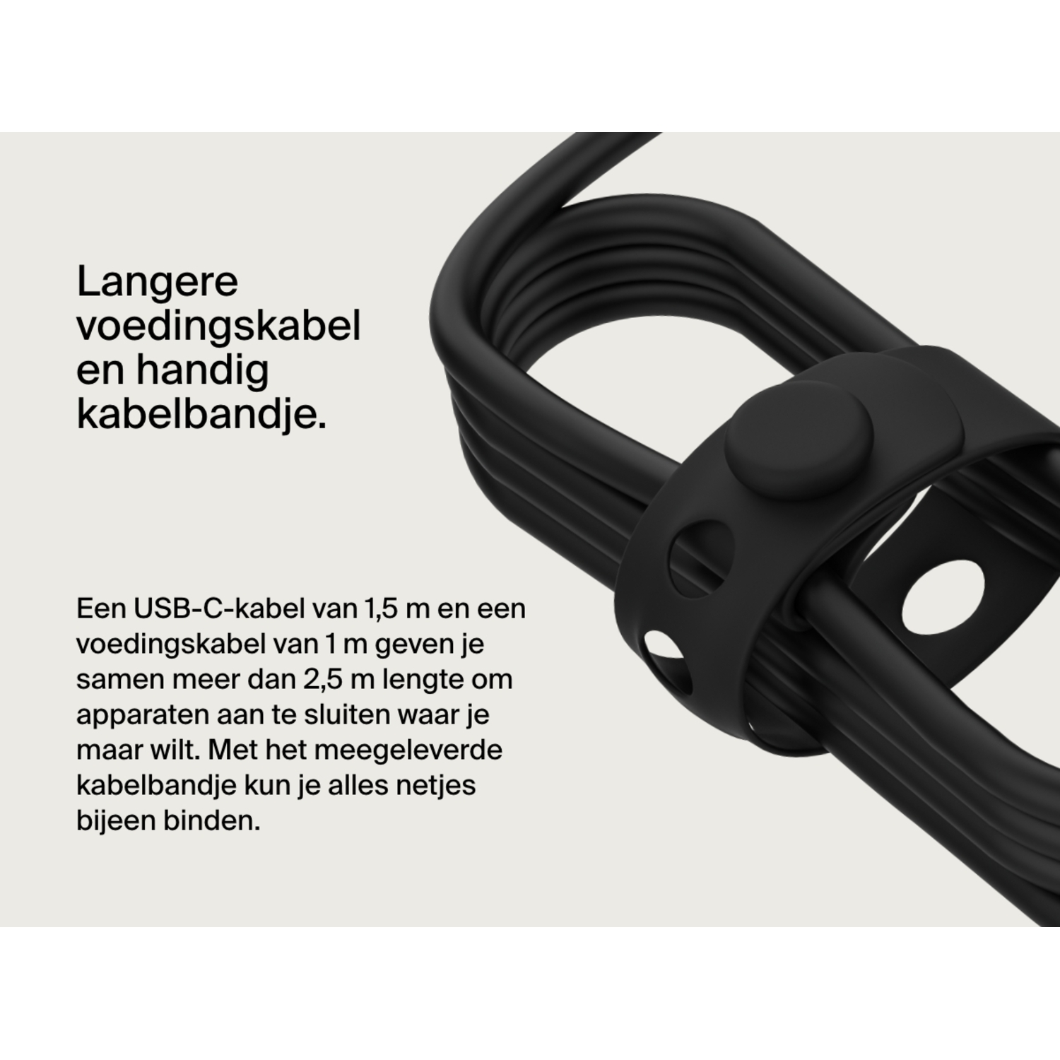 Zwarte USB-C-kabel met een zwarte kabelbinder eromheen.