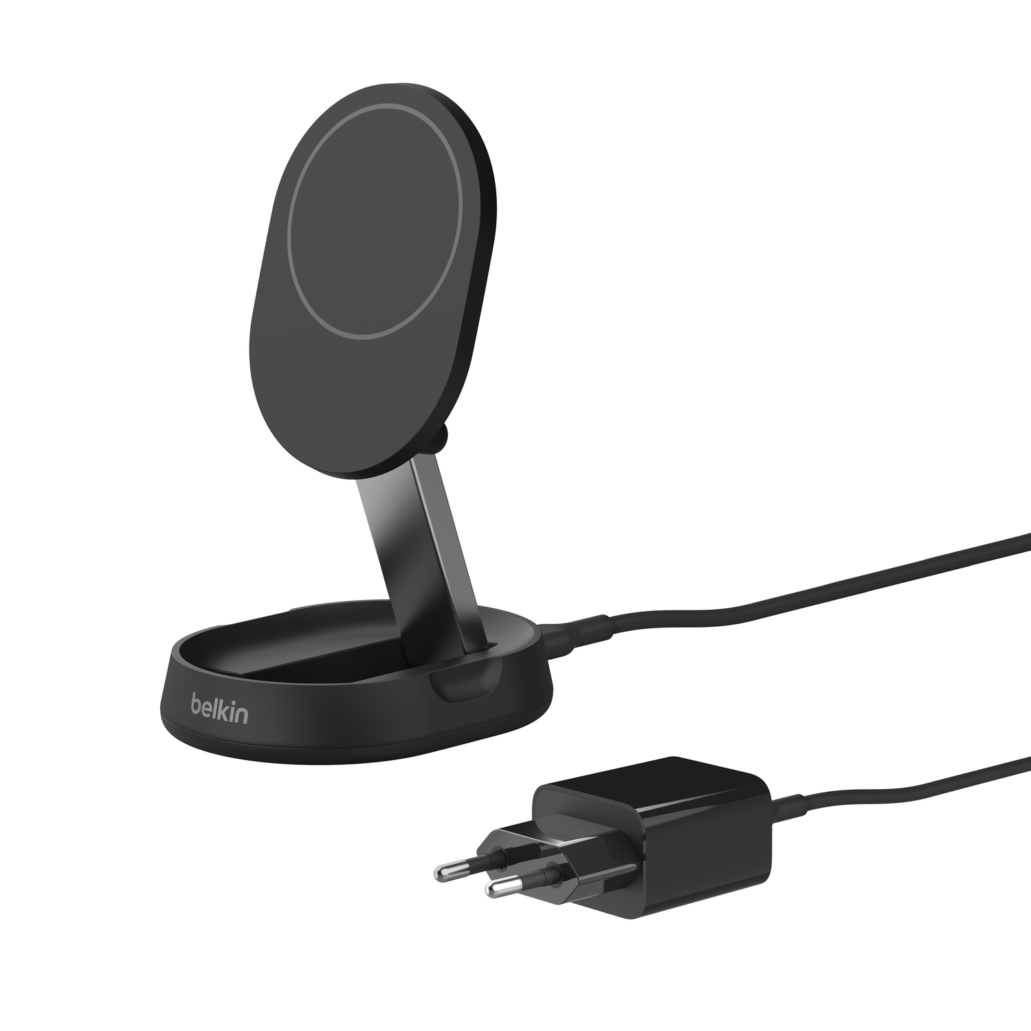 Zwart oplaadstation met zilveren standaard en kabel.