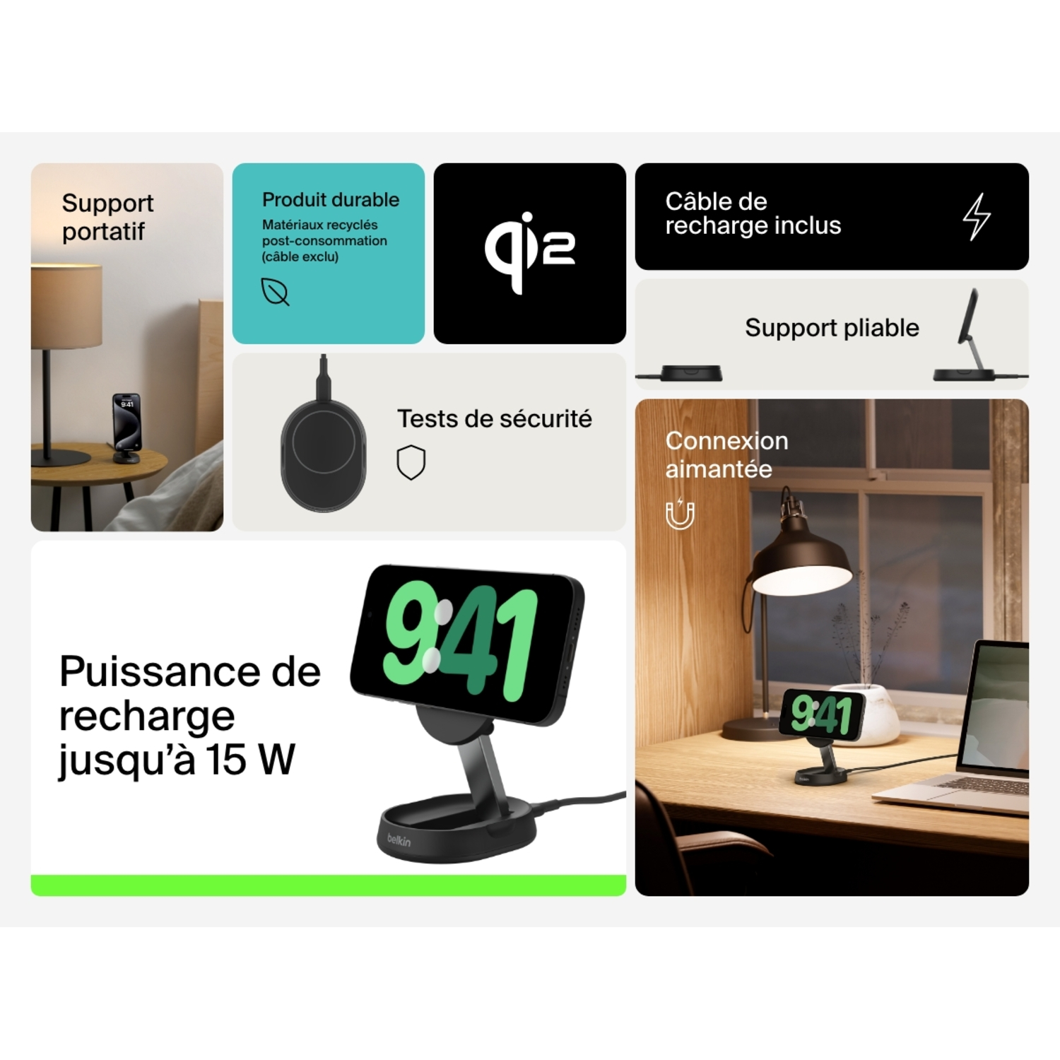 Image avec accessoires de chargement et un téléphone sur un support de charge.