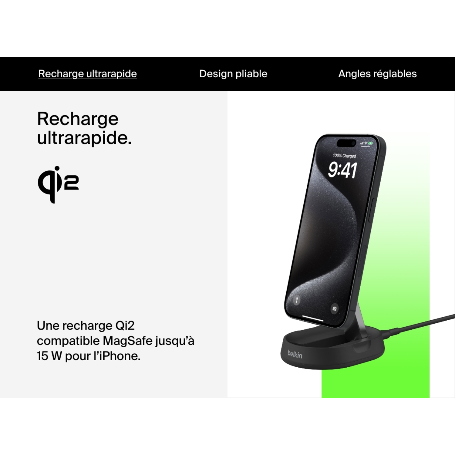Téléphone noir sur support en charge. L'heure s'affiche. Texte : Recharge ultra-rapide.