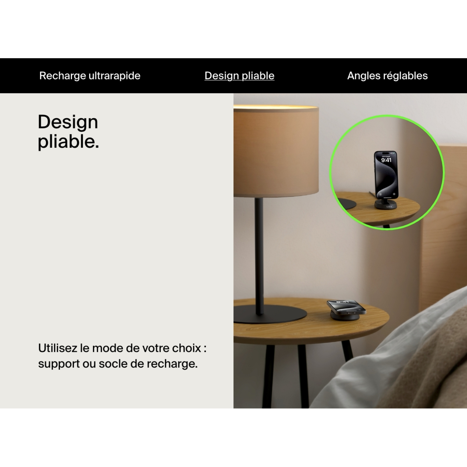 Un chargeur sans fil et un téléphone sur une table en bois.