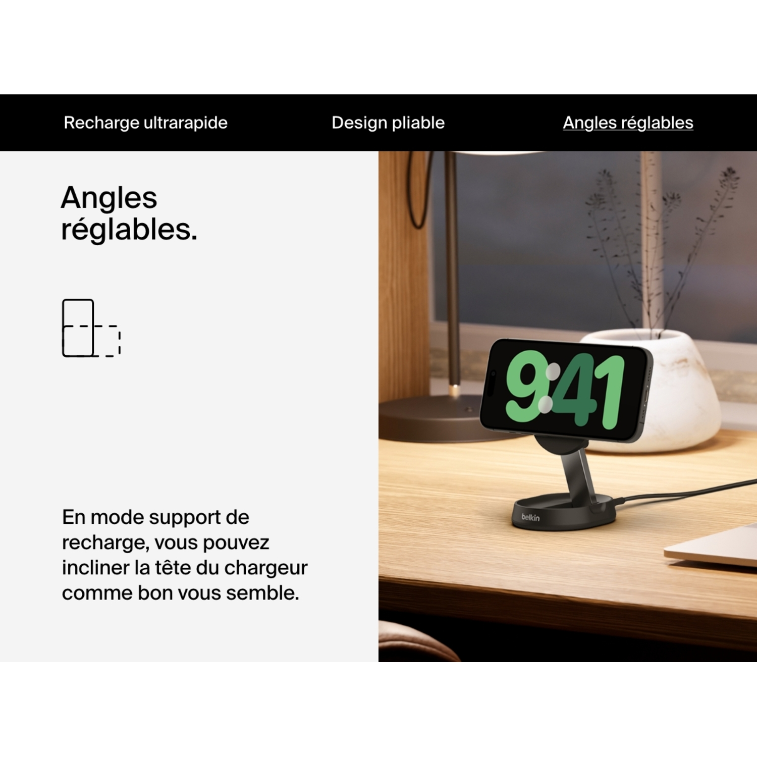 Téléphone noir sur socle de charge, lampe de bureau et texte. Angles réglables, mode charge et ordinateur portable.