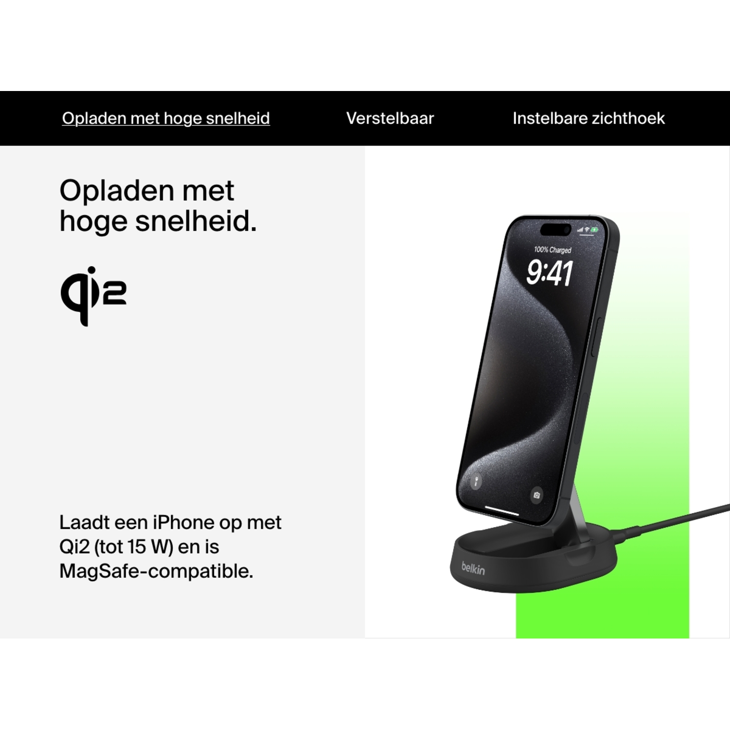 Een zwarte iPhone-oplaadstandaard met telefoon, groene achtergrond en tekst: 'Opladen met hoge snelheid'.