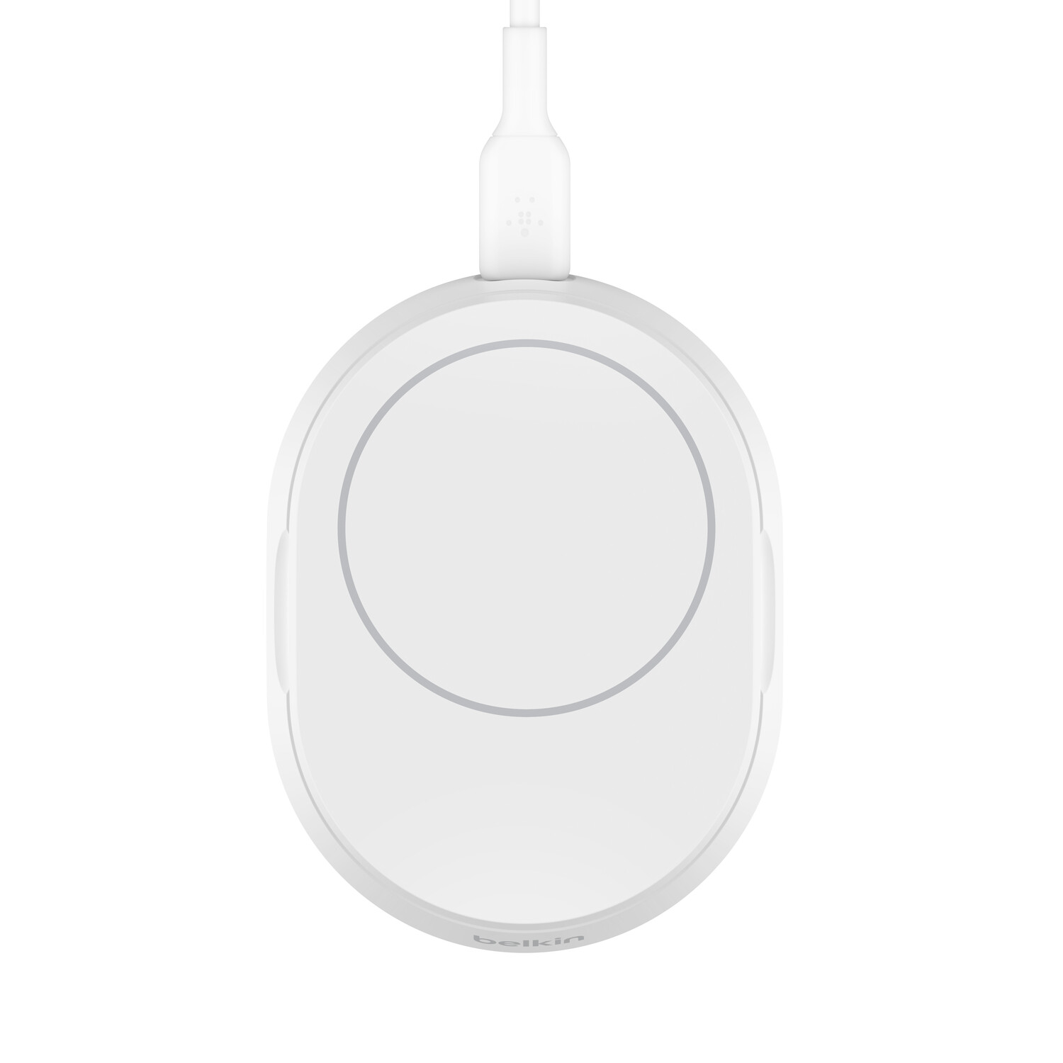 Un socle de chargement sans fil blanc avec un câble de chargement attaché.