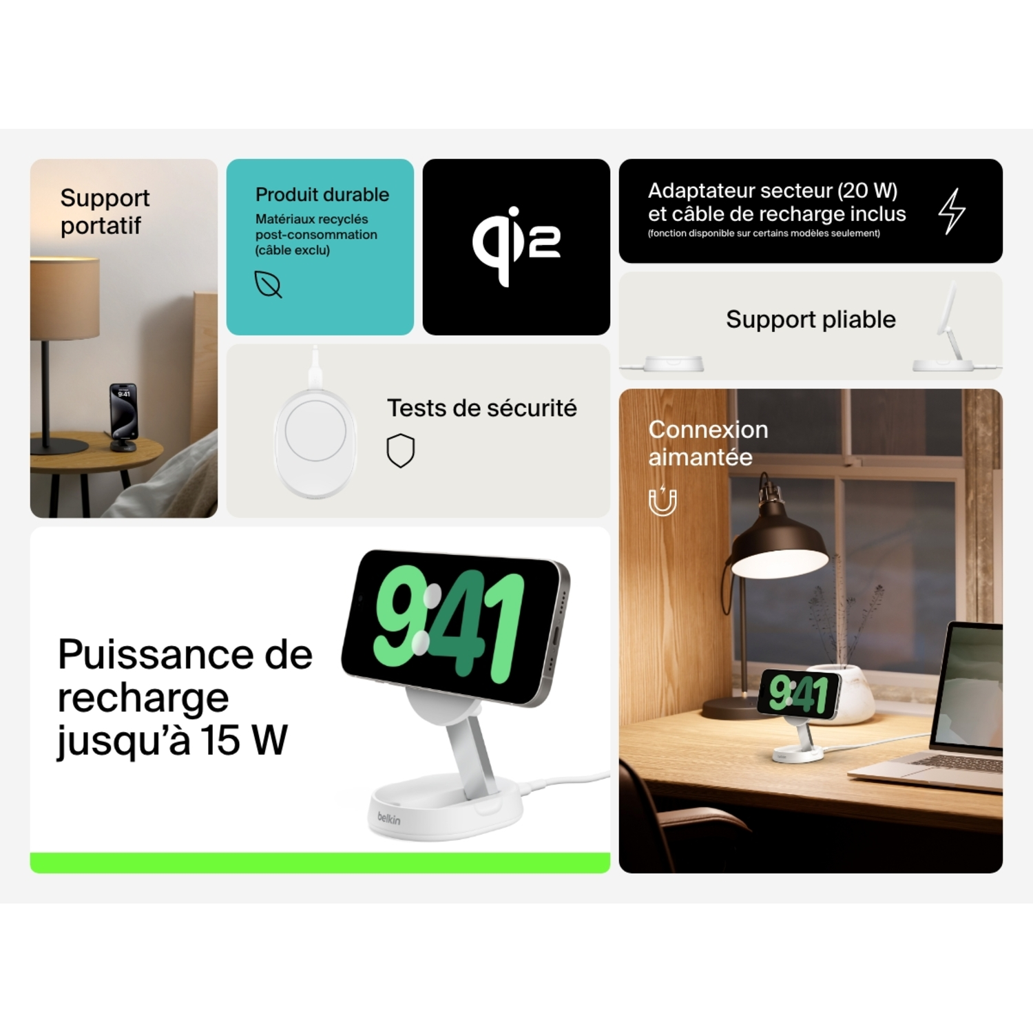 Un graphique avec plusieurs illustrations montrant des accessoires de charge, dont un socle de charge et une lampe.