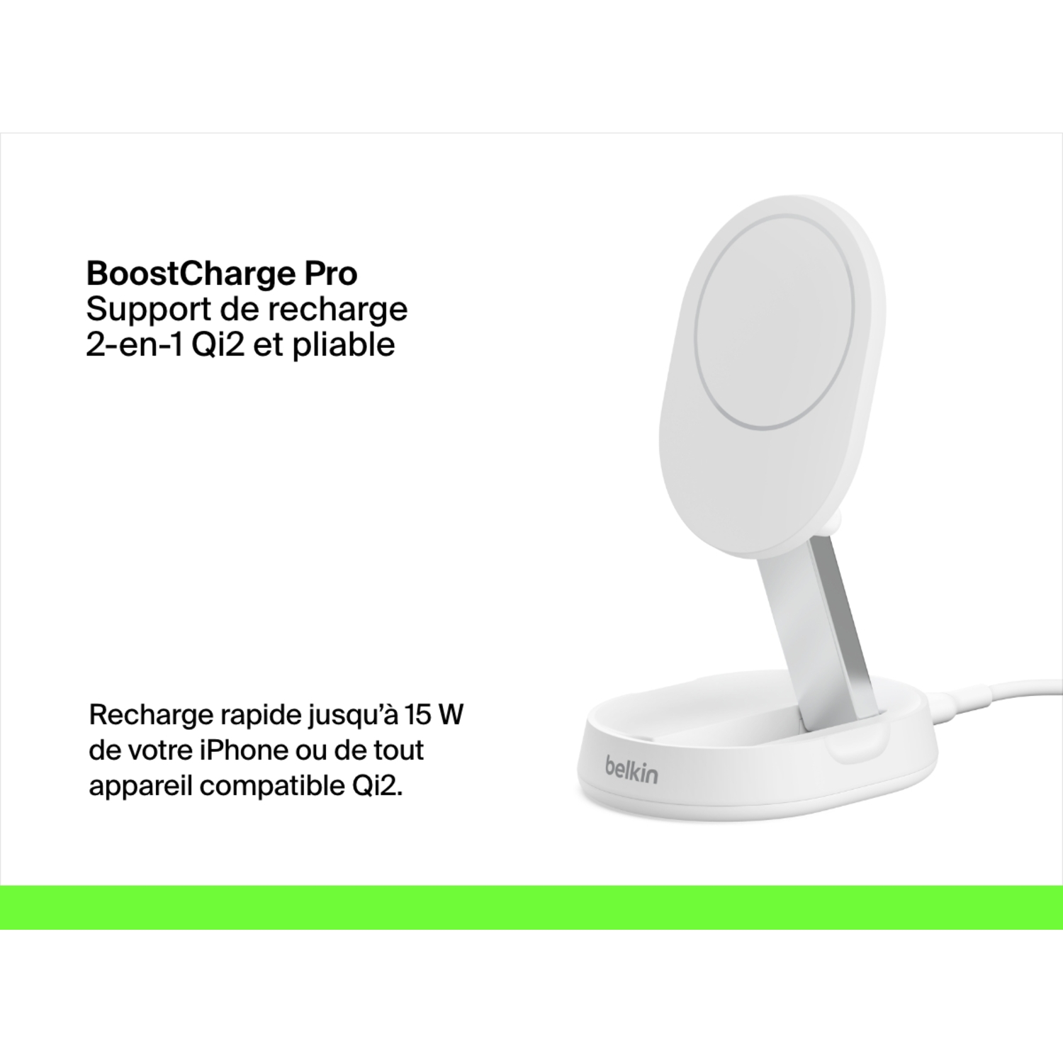 Support de chargement sans fil Belkin 2-en-1 Qi2 blanc avec texte et fond blanc.