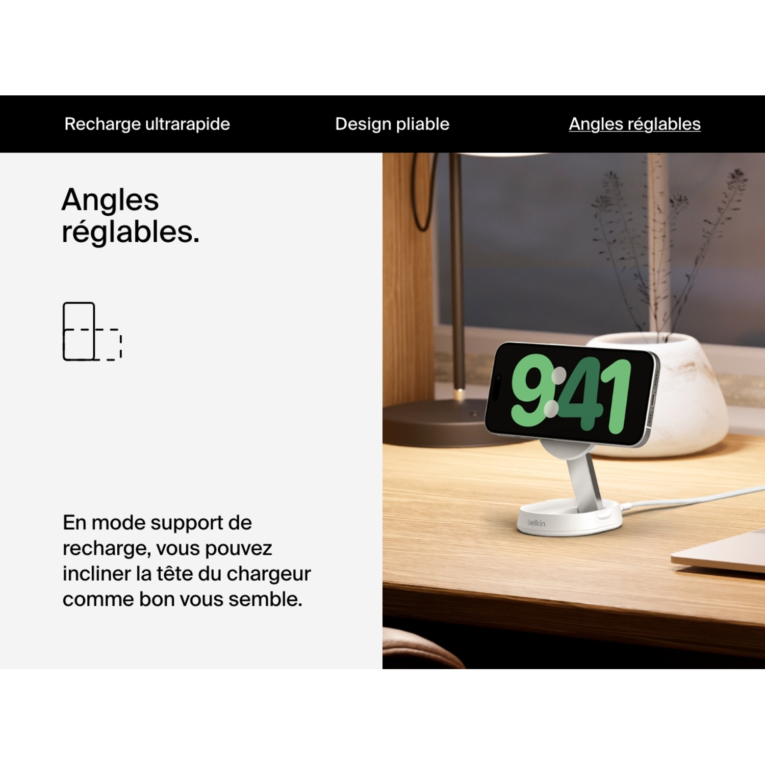Chargeur de téléphone blanc avec téléphone sur bureau en bois, texte sur angles.