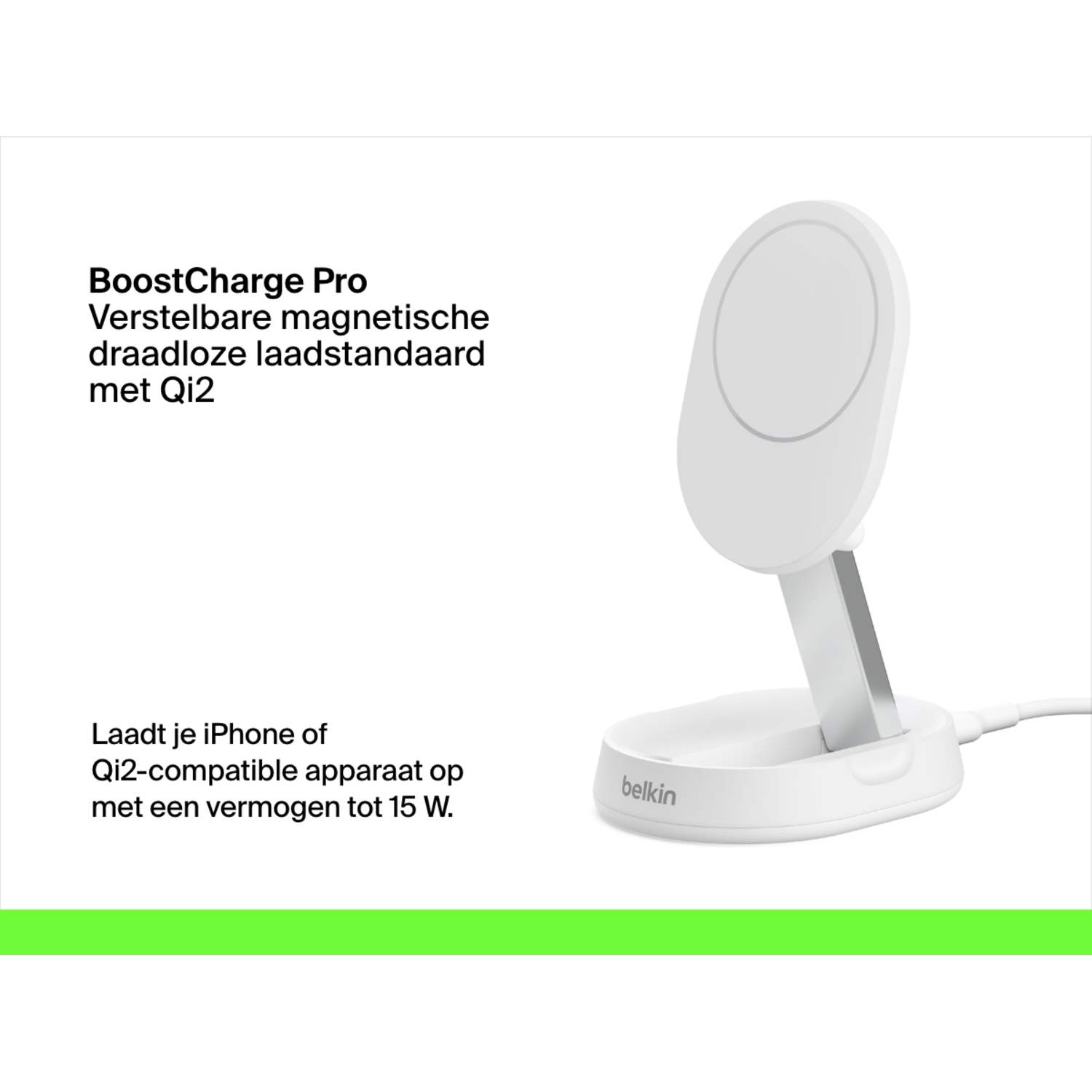White wireless charger with a charging stand.
