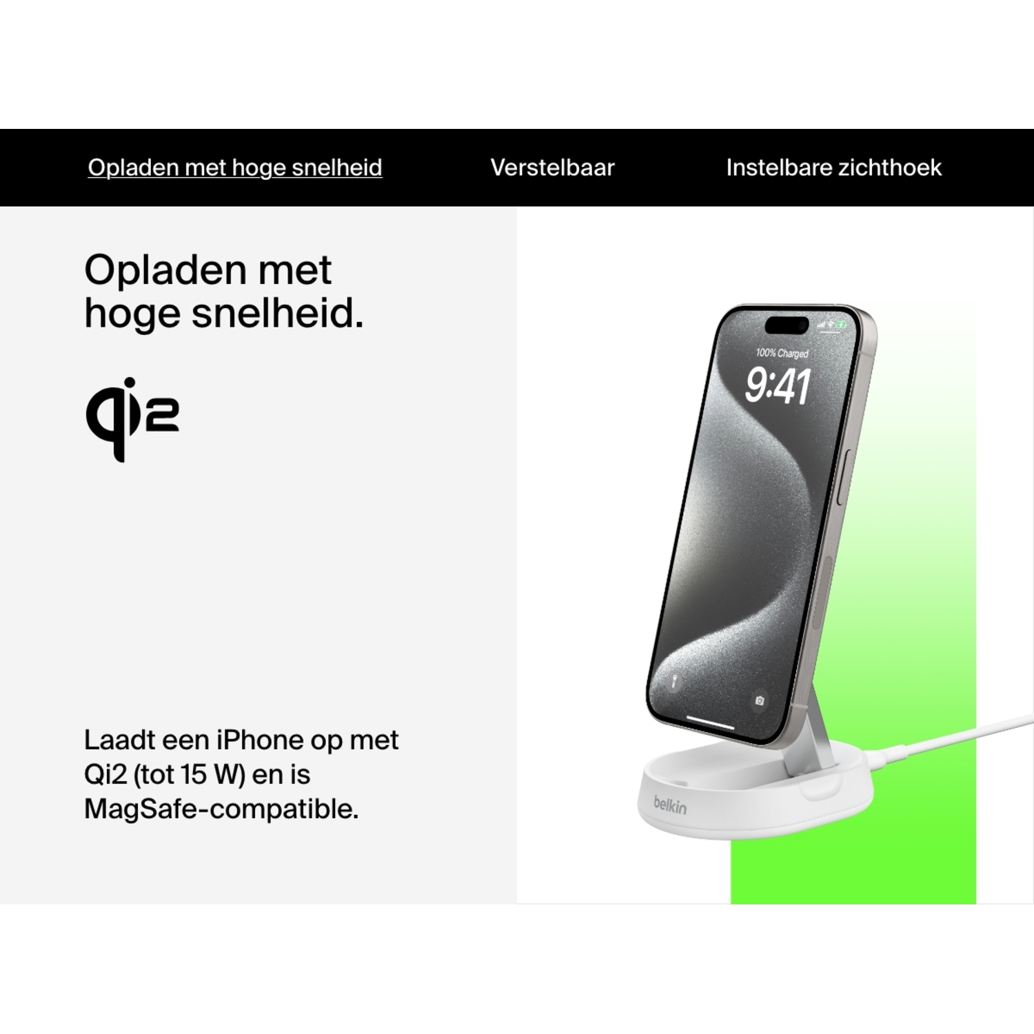 White phone stand with an iPhone. Text: Charges iPhone with Qi2, is MagSafe compatible.