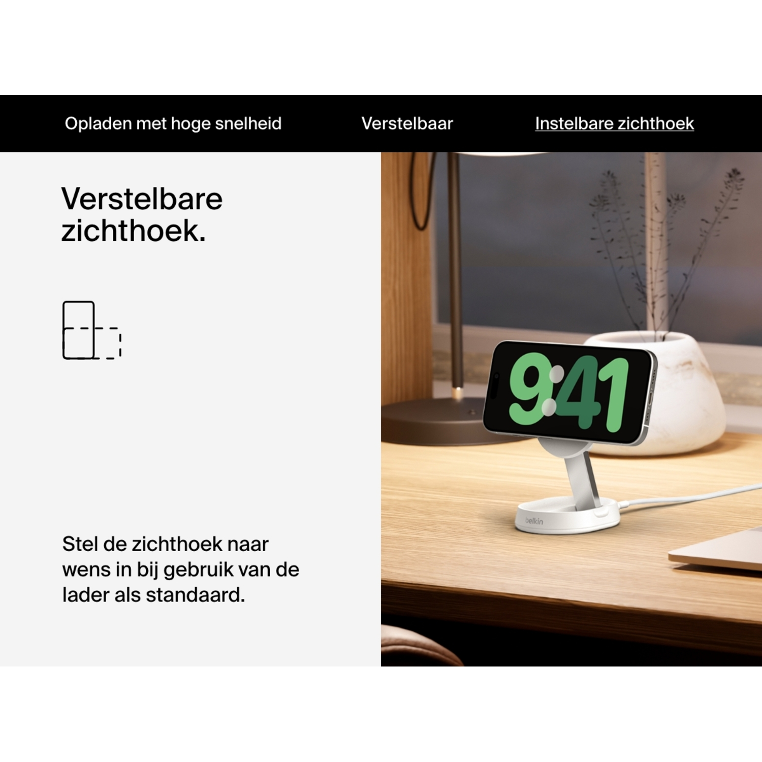 A phone on a white and gray stand displays 9:41. Text: adjustable viewing angle.