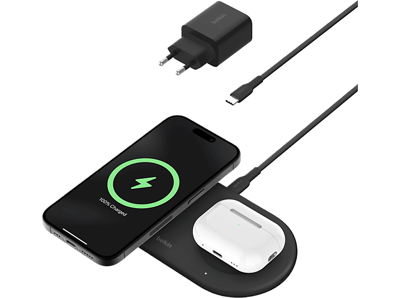 Belkin Draadloze Oplader Magnetic Boostcharge Pro 2-in-1 Qi2 15w Zwart (wiz021vfbk)