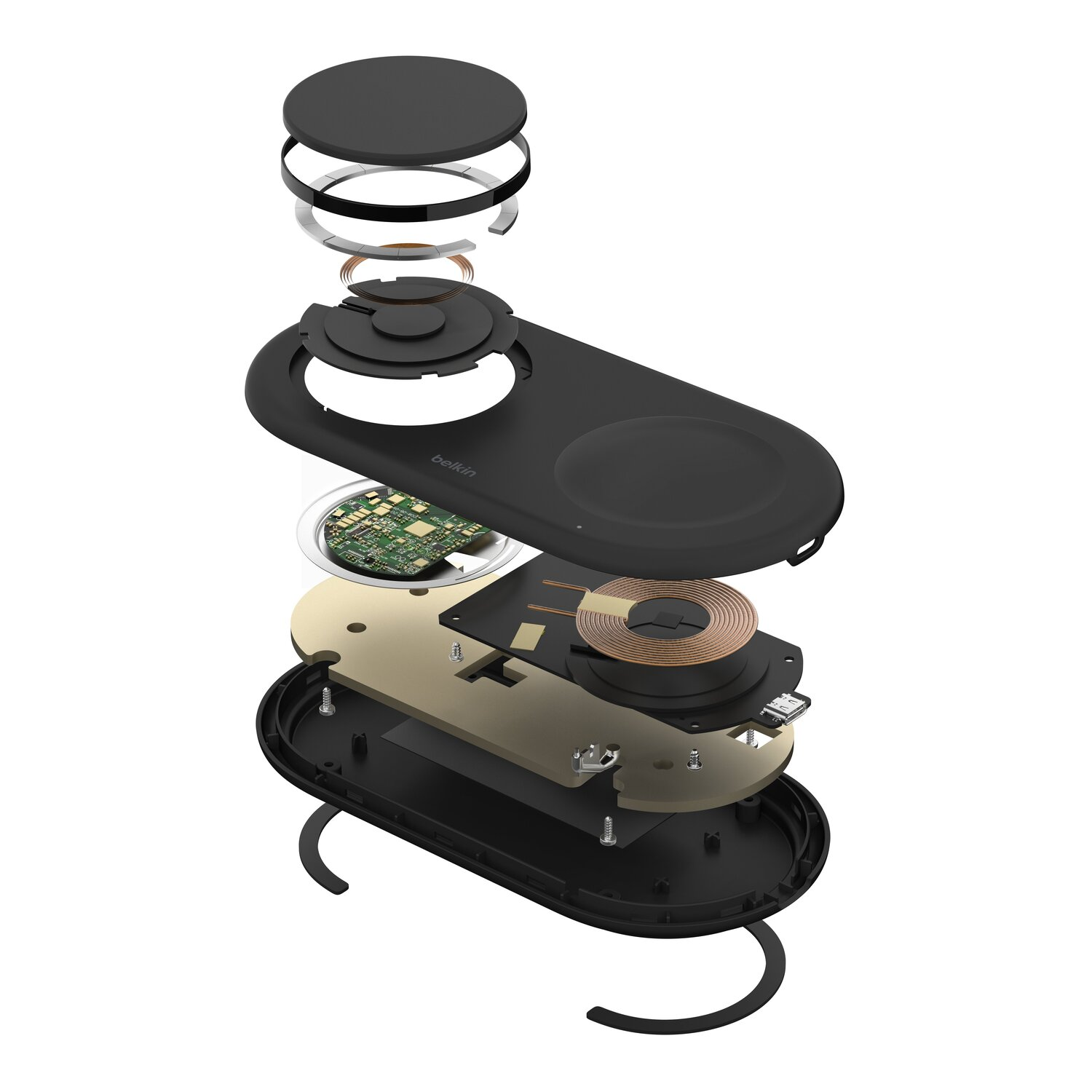 Exploded view van een zwarte Belkin draadloze oplader.