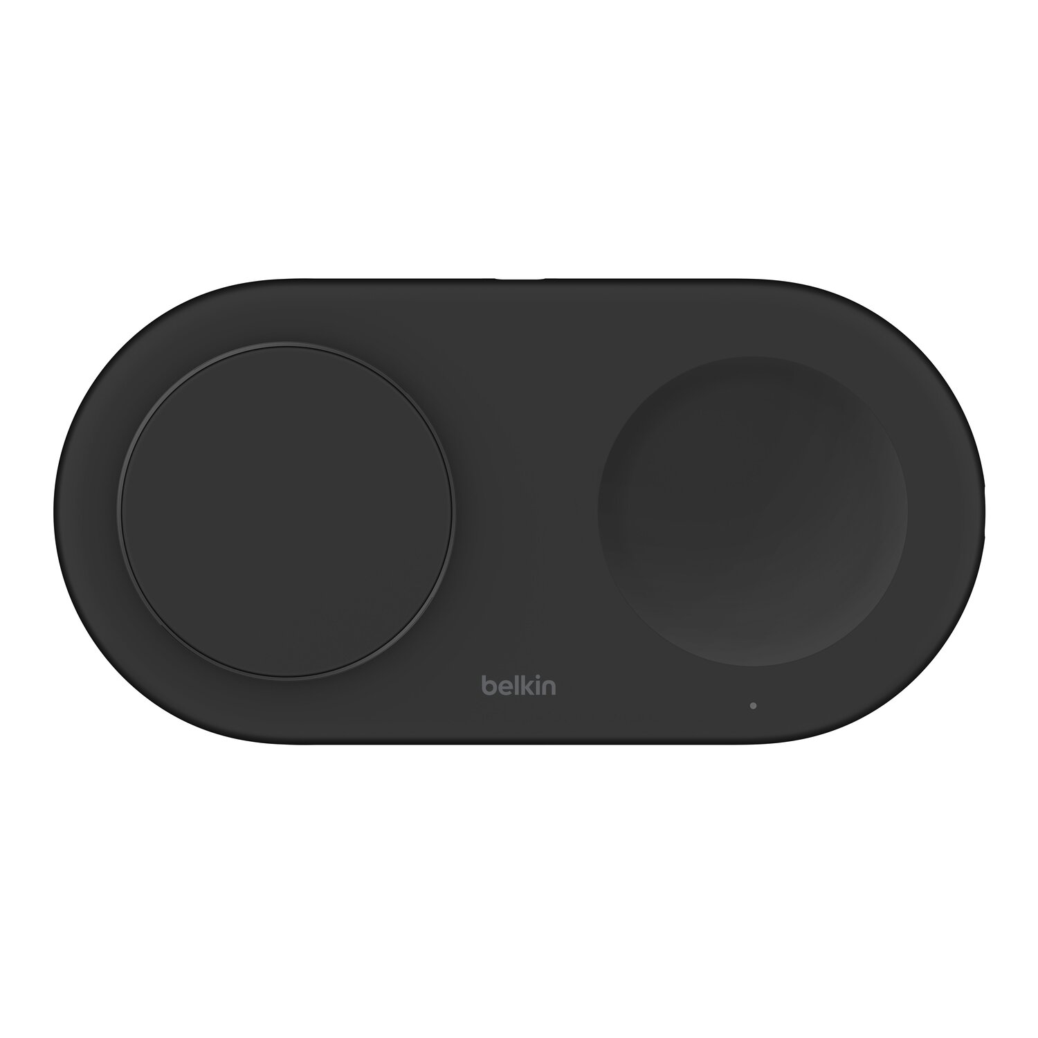 Een zwart draadloos oplaadpad met twee oplaadcirkels.