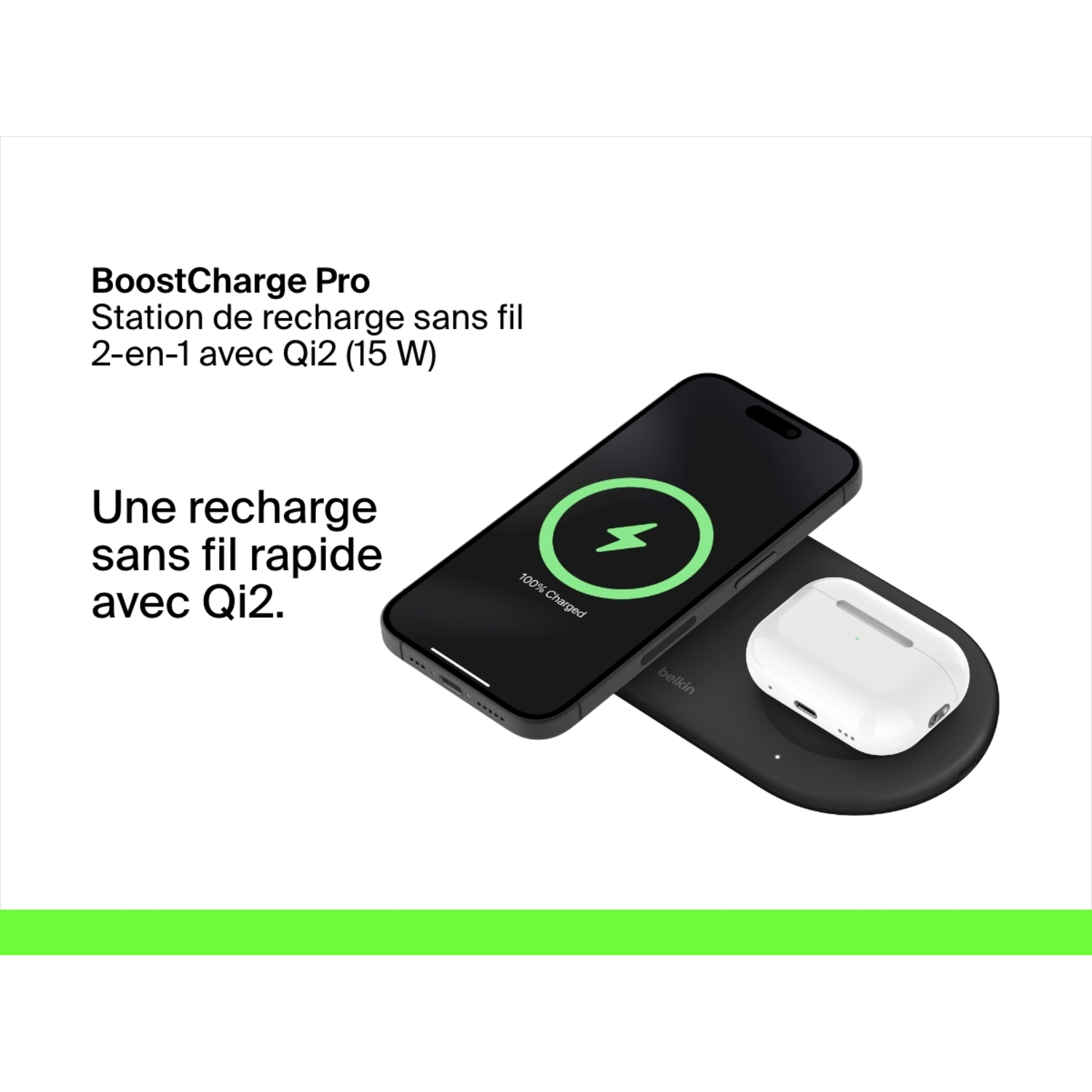 Chargeur sans fil noir avec téléphone et écouteurs en charge. Texte en français.