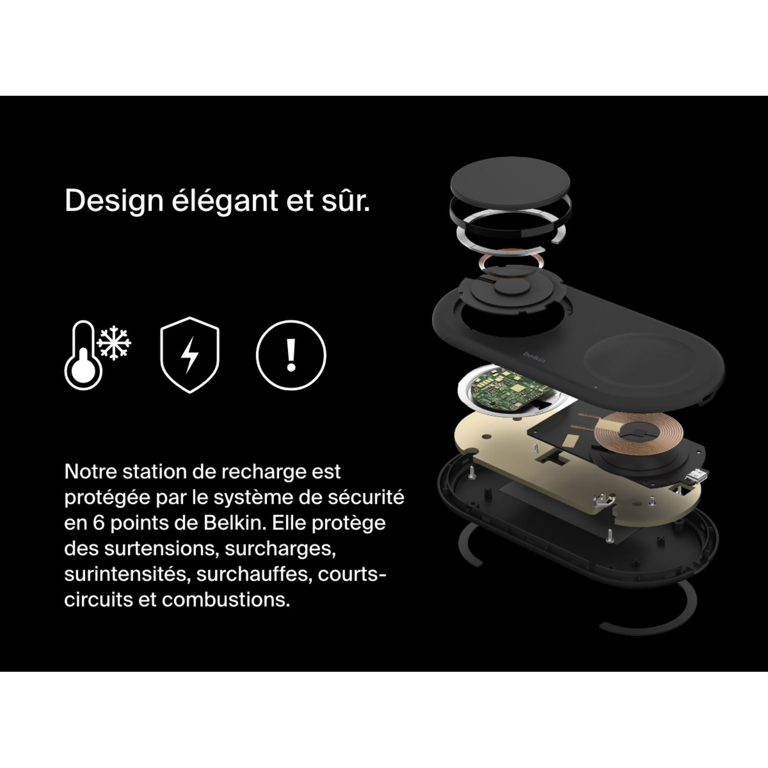 Vue éclatée d'une station de charge sans fil Belkin.