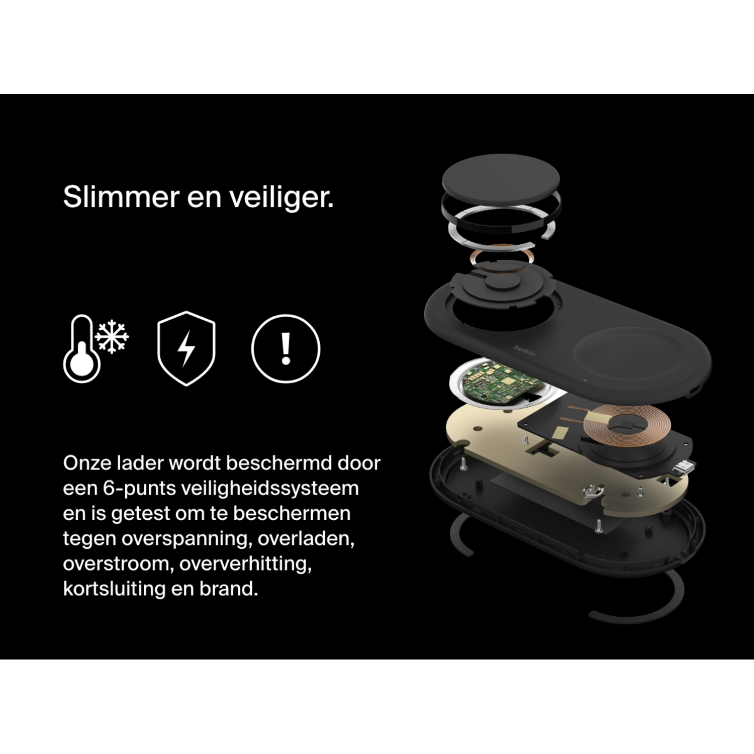 Draadloos oplaadapparaat, ontploft aanzicht, met diverse componenten.