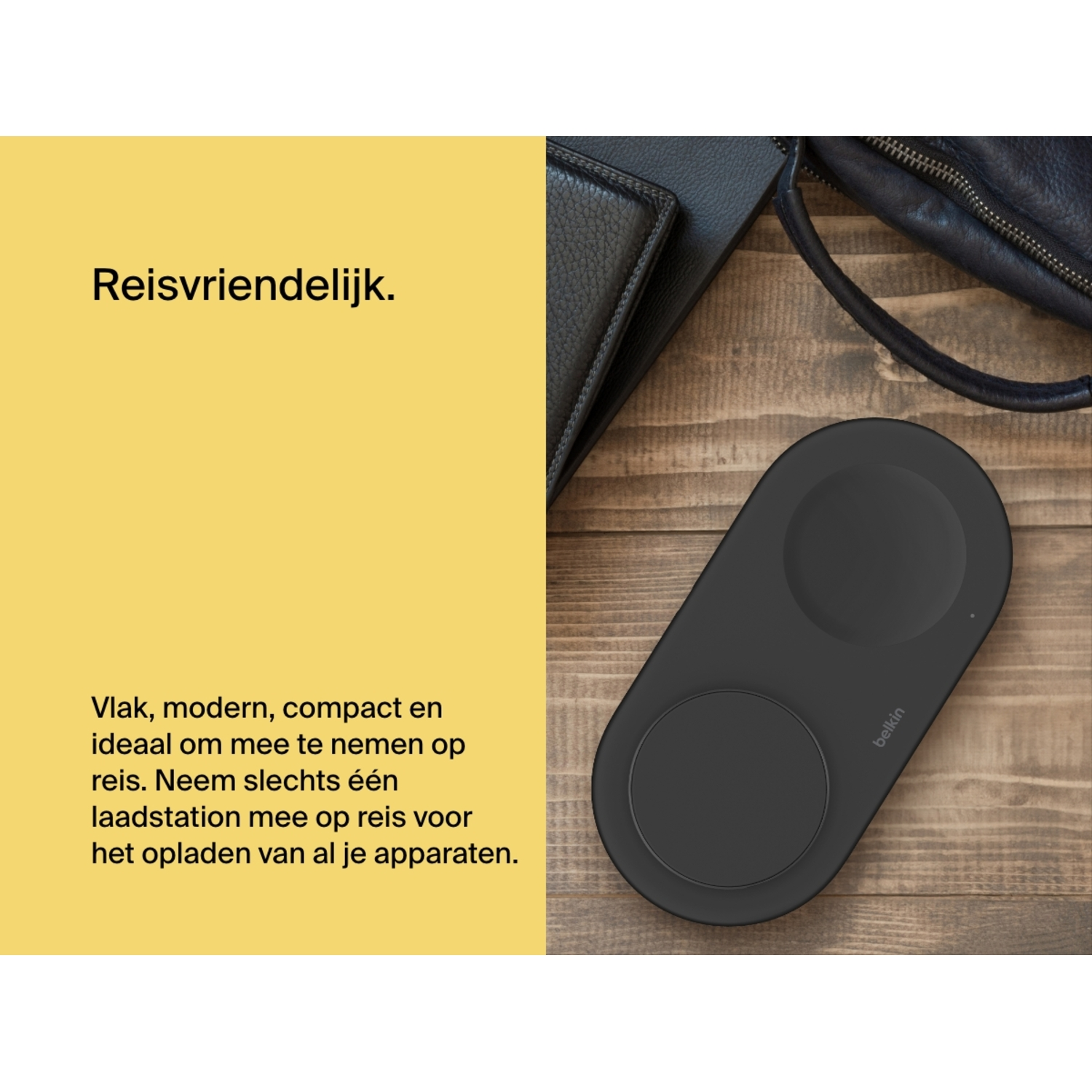 Zwarte draadloze oplader op hout, naast een tas en een gele achtergrond met tekst.