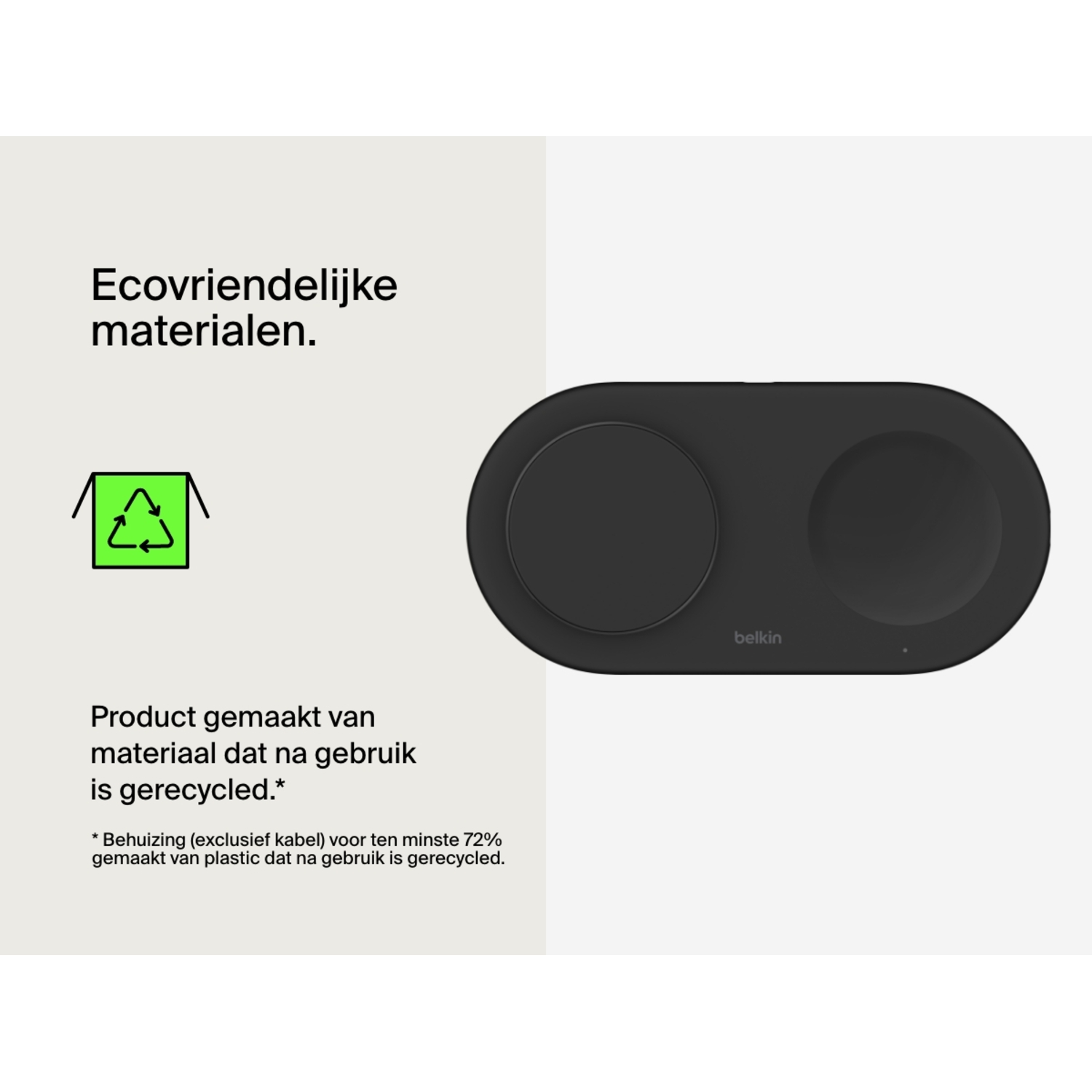 Een zwarte draadloze oplaadpad met twee cirkelvormige oplaadgebieden, met tekst over gerecyclede materialen.
