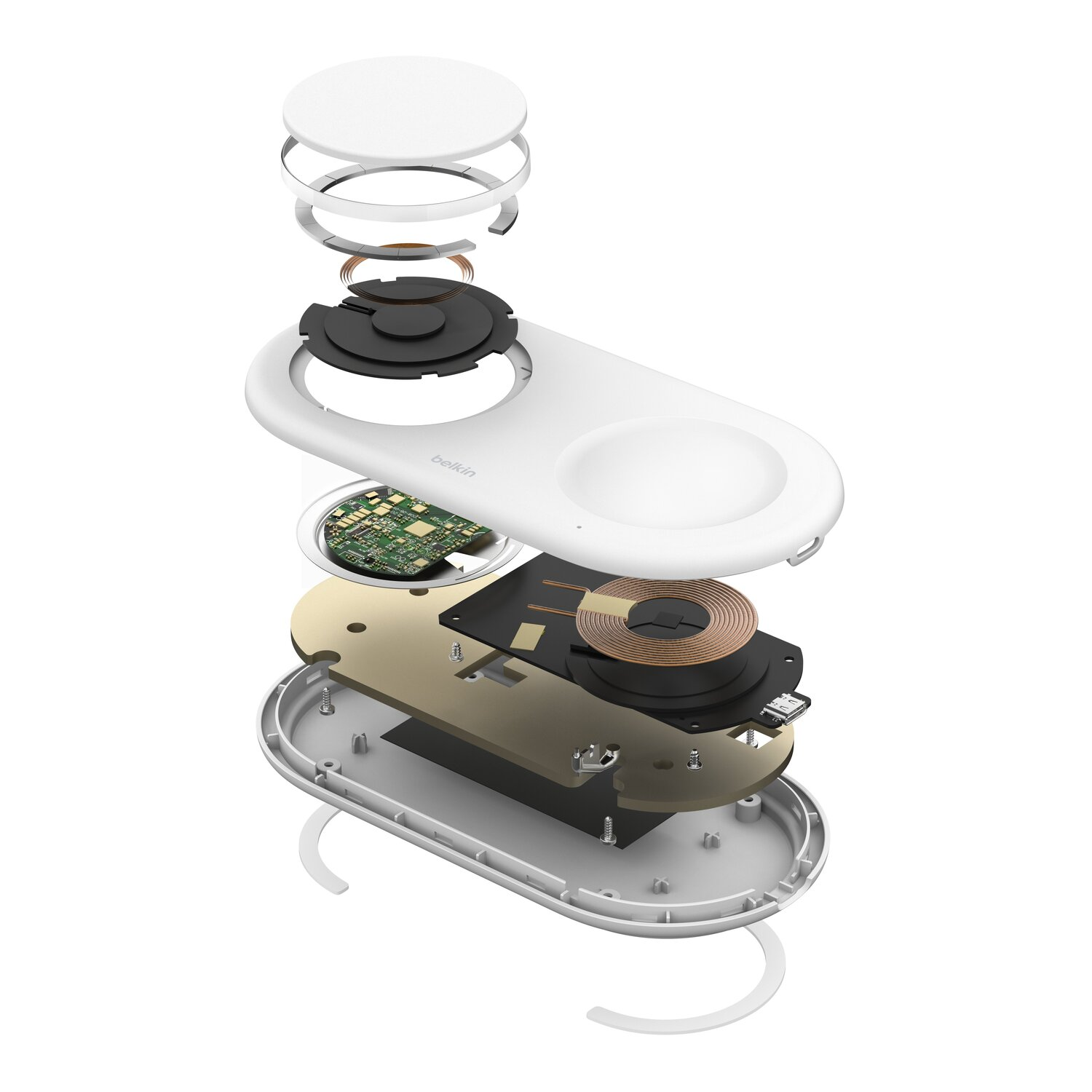 Exploded view van een witte Belkin draadloze oplader, met interne componenten.