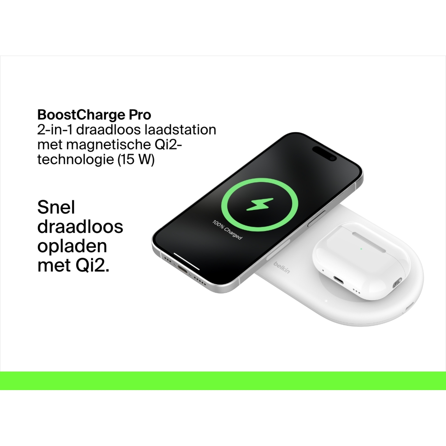 Witte draadloze oplaadstation met een telefoon die oplaadt en een oplaadetui voor oordopjes. Beide zijn wit.