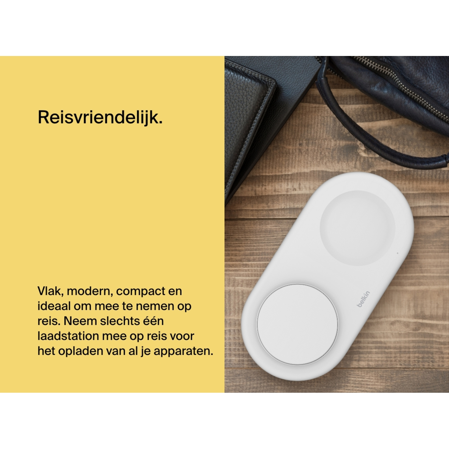 Witte draadloze oplader met een gele achtergrond. Tekst in het Nederlands. Zwarte portemonnee en tas.