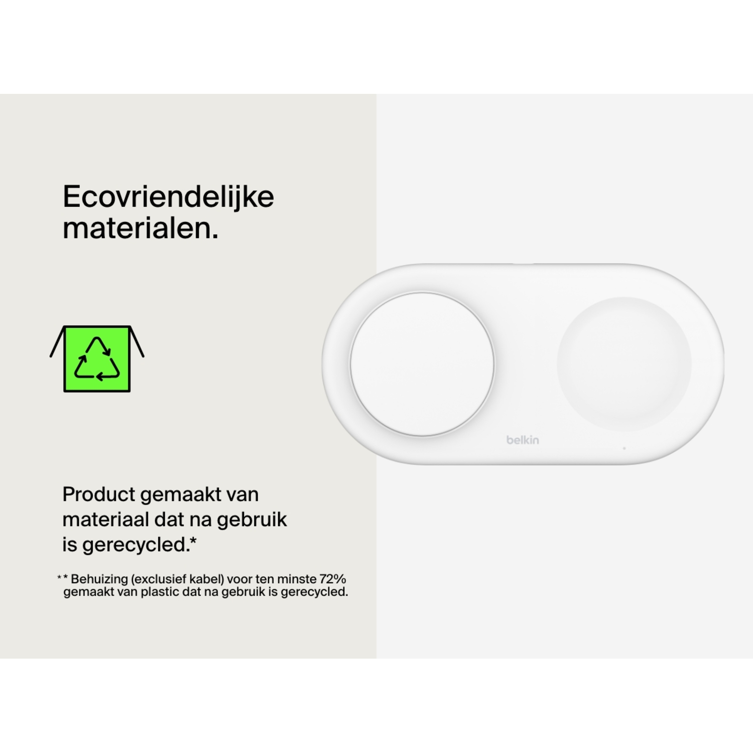Wit draadloos oplaadstation met een recycling symbool.