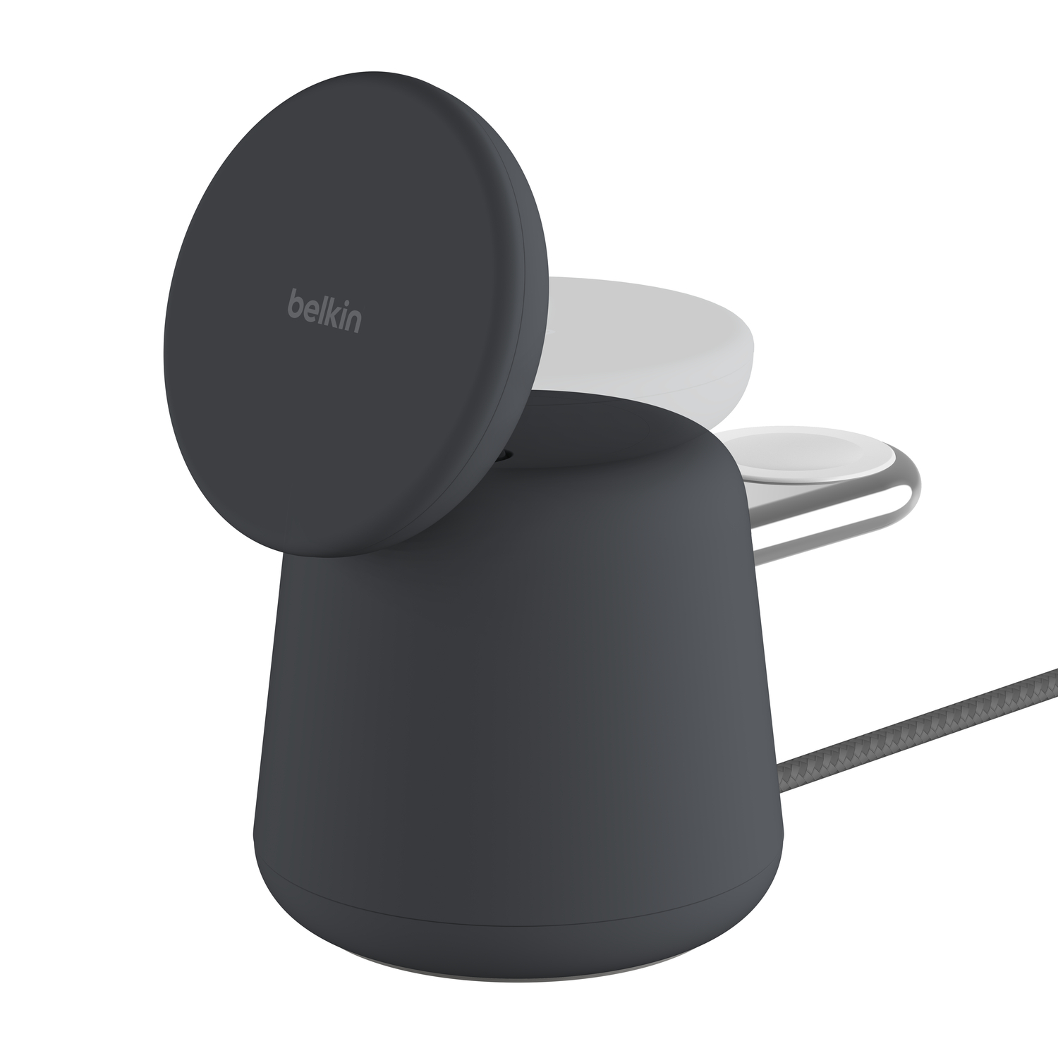 Donkergrijze laadstation voor Apple Watch en AirPods, design, Belkin-logo.