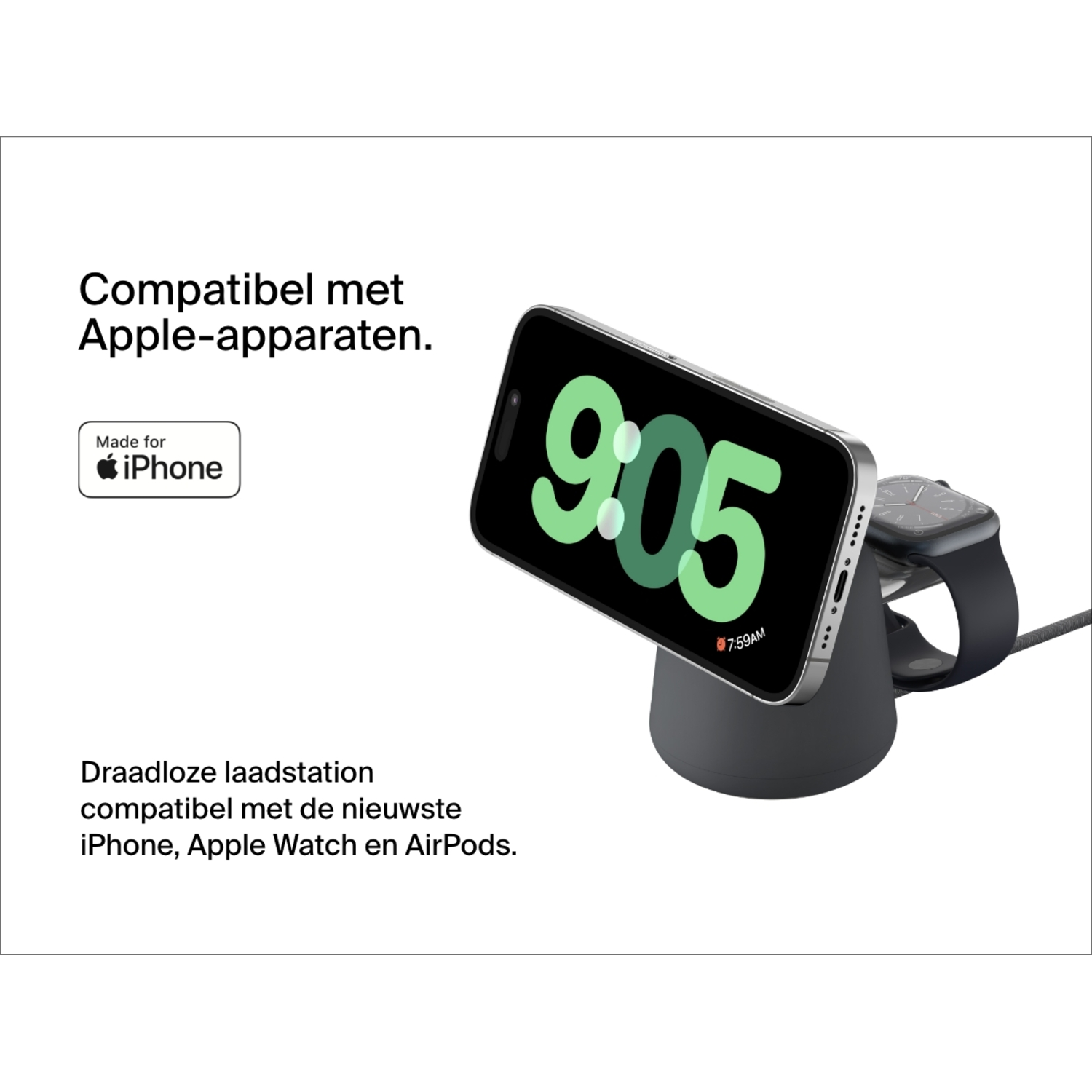 Telefoon op lader, tijd 9:05. Apple Watch aan de rechterkant.