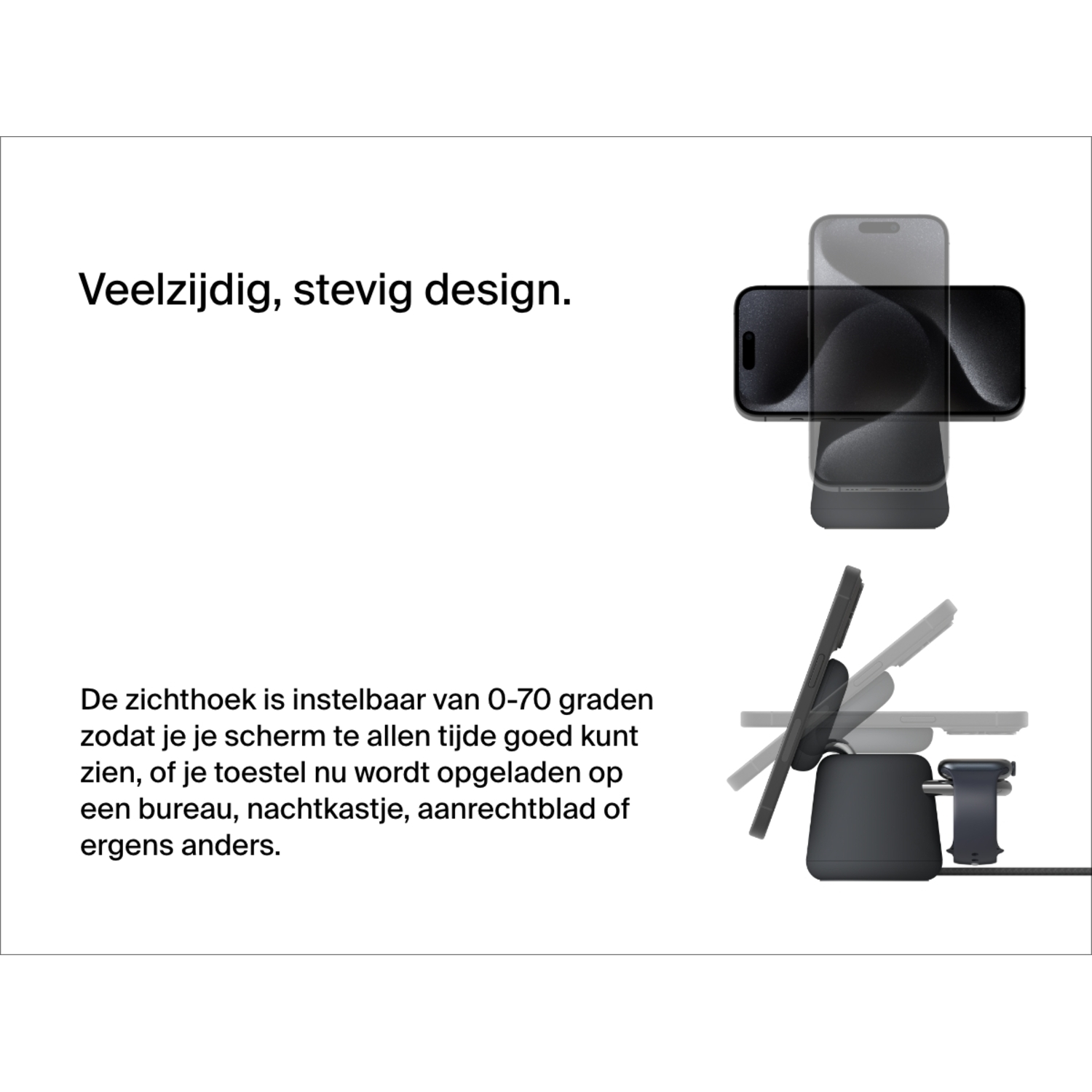 Een telefoonhouder met twee telefoons bovenop en een oplader onderaan.