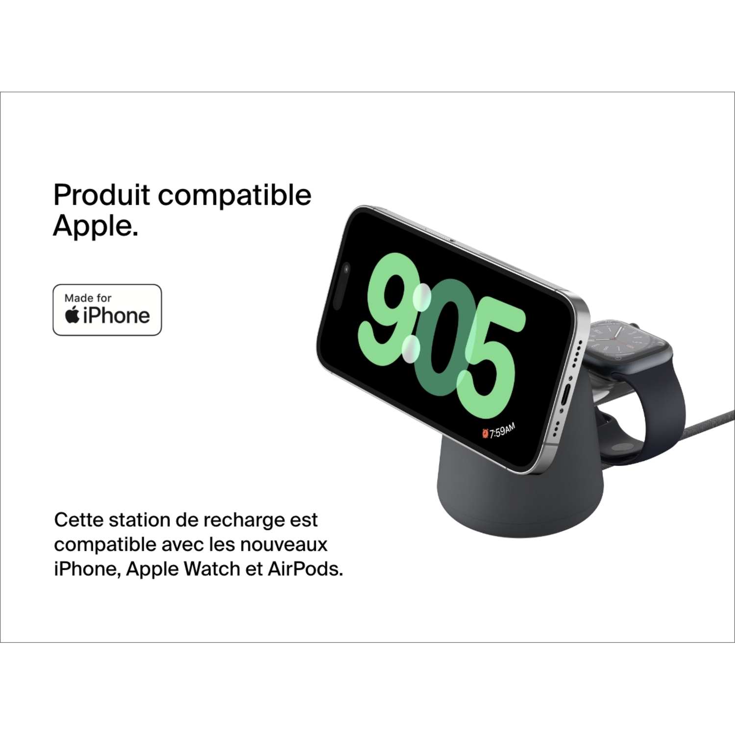 Station de recharge avec un iPhone et une Apple Watch.