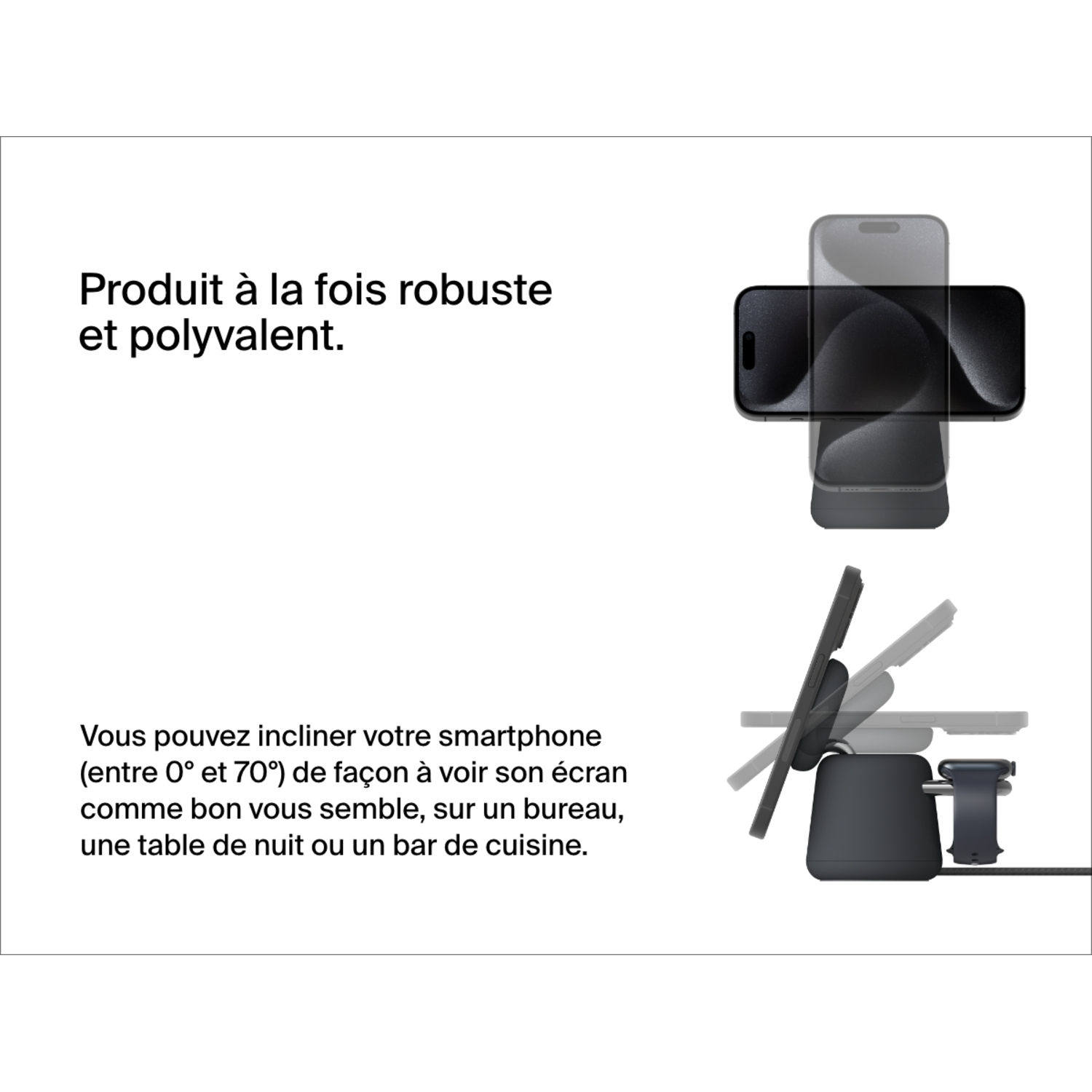 Un téléphone noir est sur un support avec un support qui peut s'incliner.
