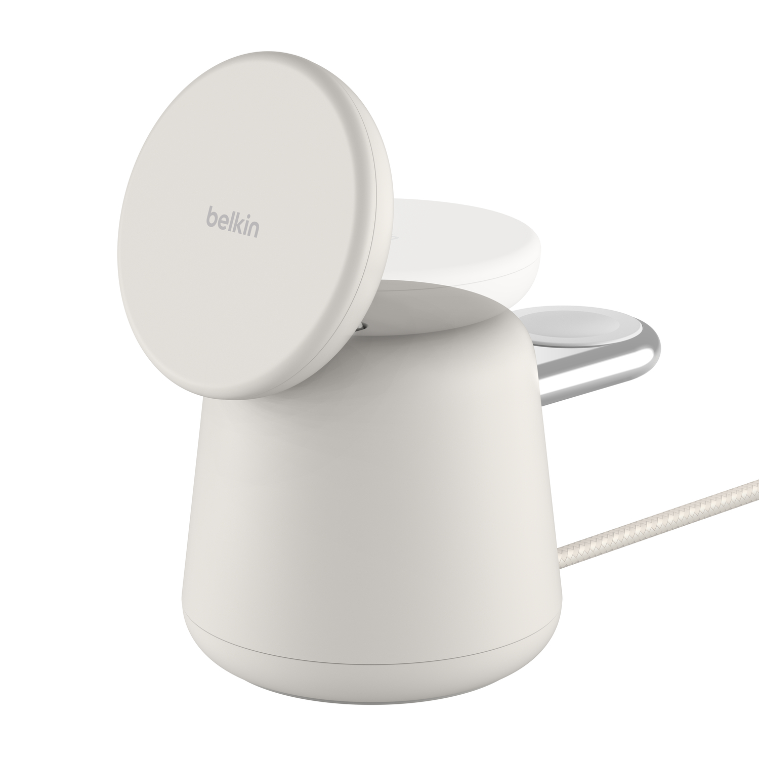 White wireless charging station with a round base and a circular charging pad for devices.