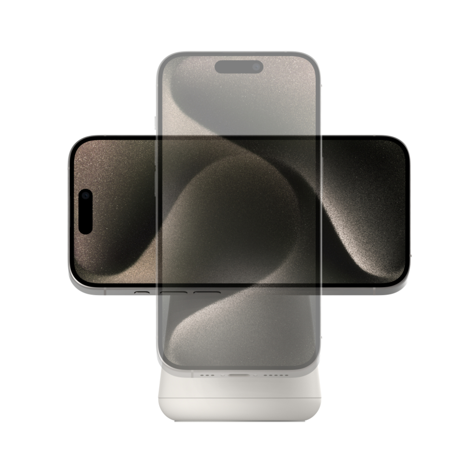 Two phones, one slightly transparent, on a white base. The phones have a screen.