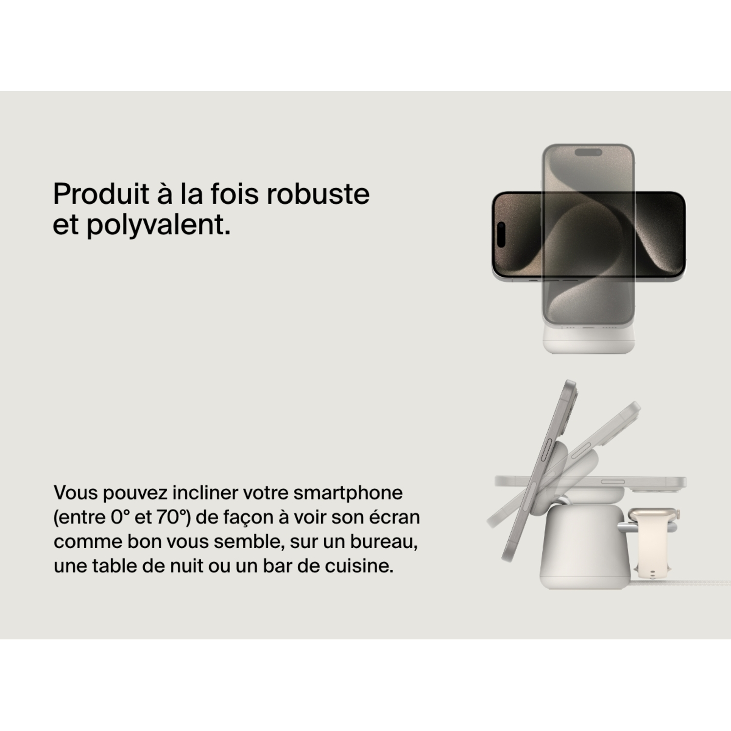 Un support de chargement blanc avec un téléphone et du texte en français décrivant le produit.