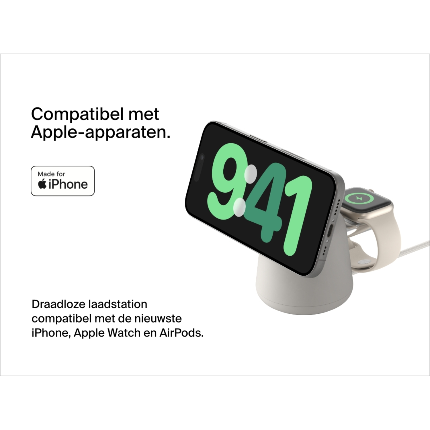 Black iPhone charging on a white Belkin stand. Shows time 9:41. Apple Watch in background.