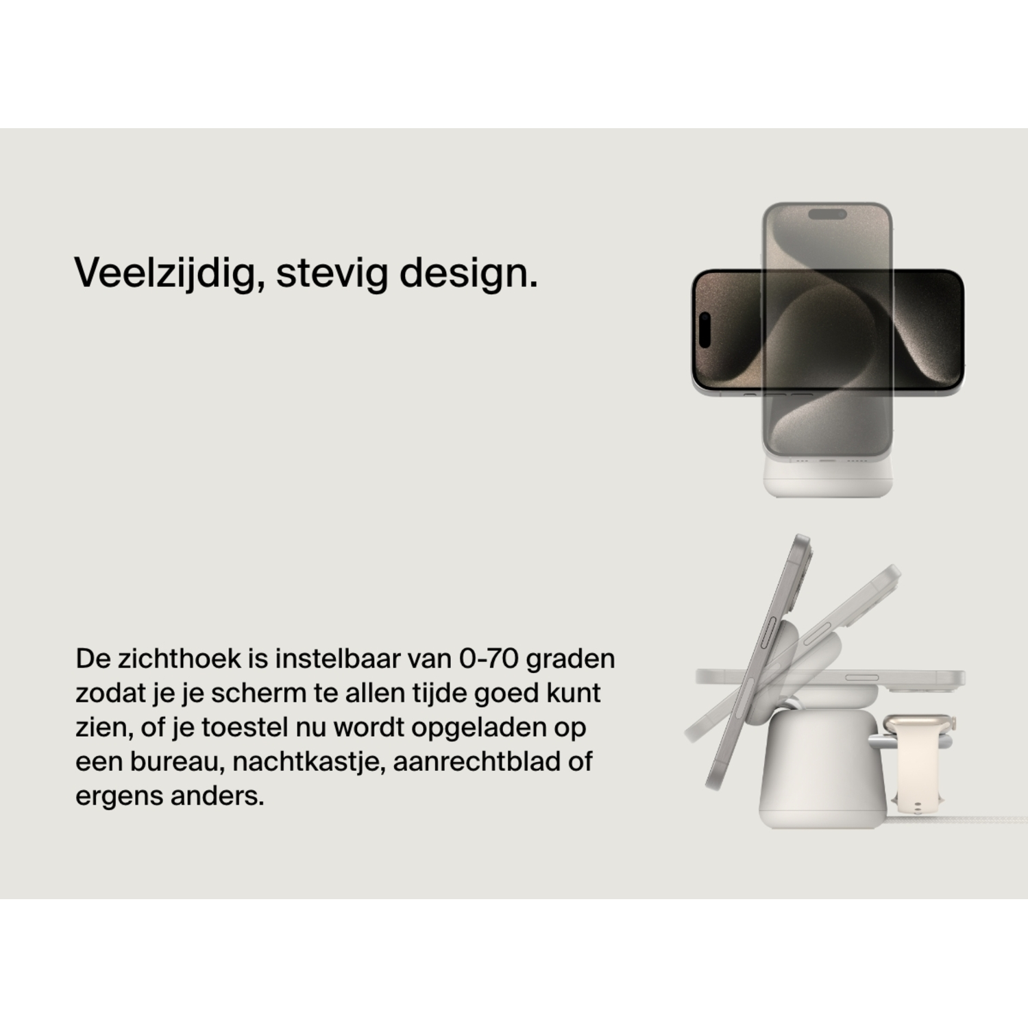 Image shows a phone stand with a phone on it, multiple positions.