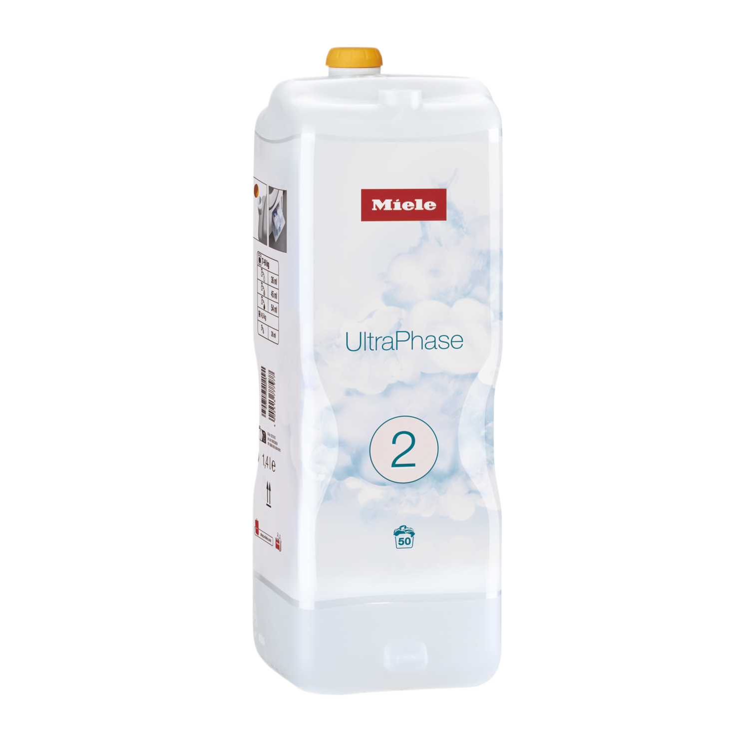 Flacon de détergent Miele UltraPhase 2. Bouteille blanche avec étiquette rouge et bleue. Fond blanc.