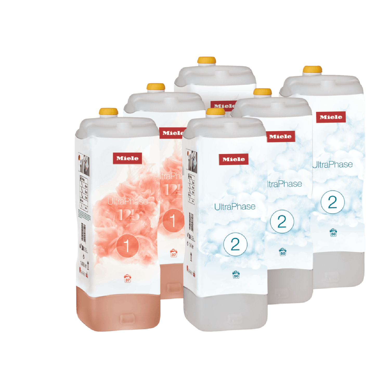 Six bouteilles de détergent blanches avec des étiquettes rouges et bleues. Chacune a un numéro différent : 1, 2, UltraPhase.
