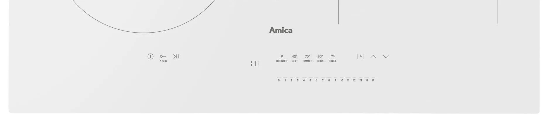 Biała płyta indukcyjna z panelem sterowania i logo Amica.