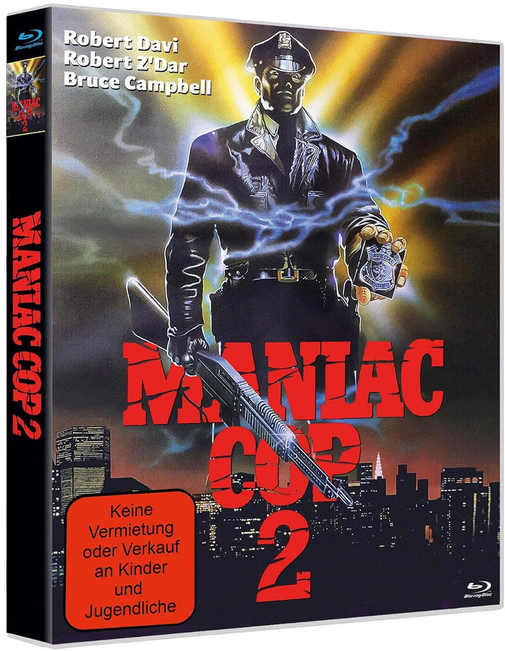 Maniac Cop 2 Blu-ray-Cover. Polizist mit Waffe, Stadt im Hintergrund. Roter Text und Warnung.
